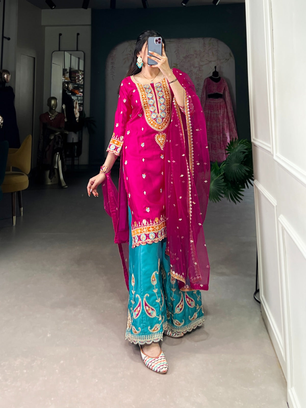 Exquisite Pink Silk Sequins Thread Worked Top Sharara Suit - INDIAN ELEGANCE