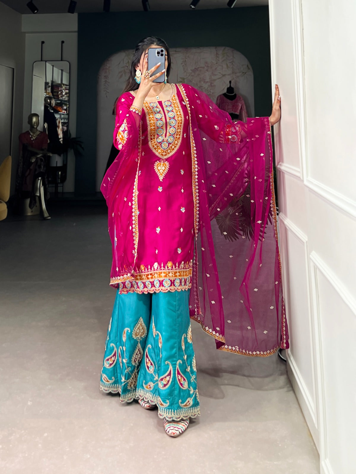 Exquisite Pink Silk Sequins Thread Worked Top Sharara Suit - INDIAN ELEGANCE