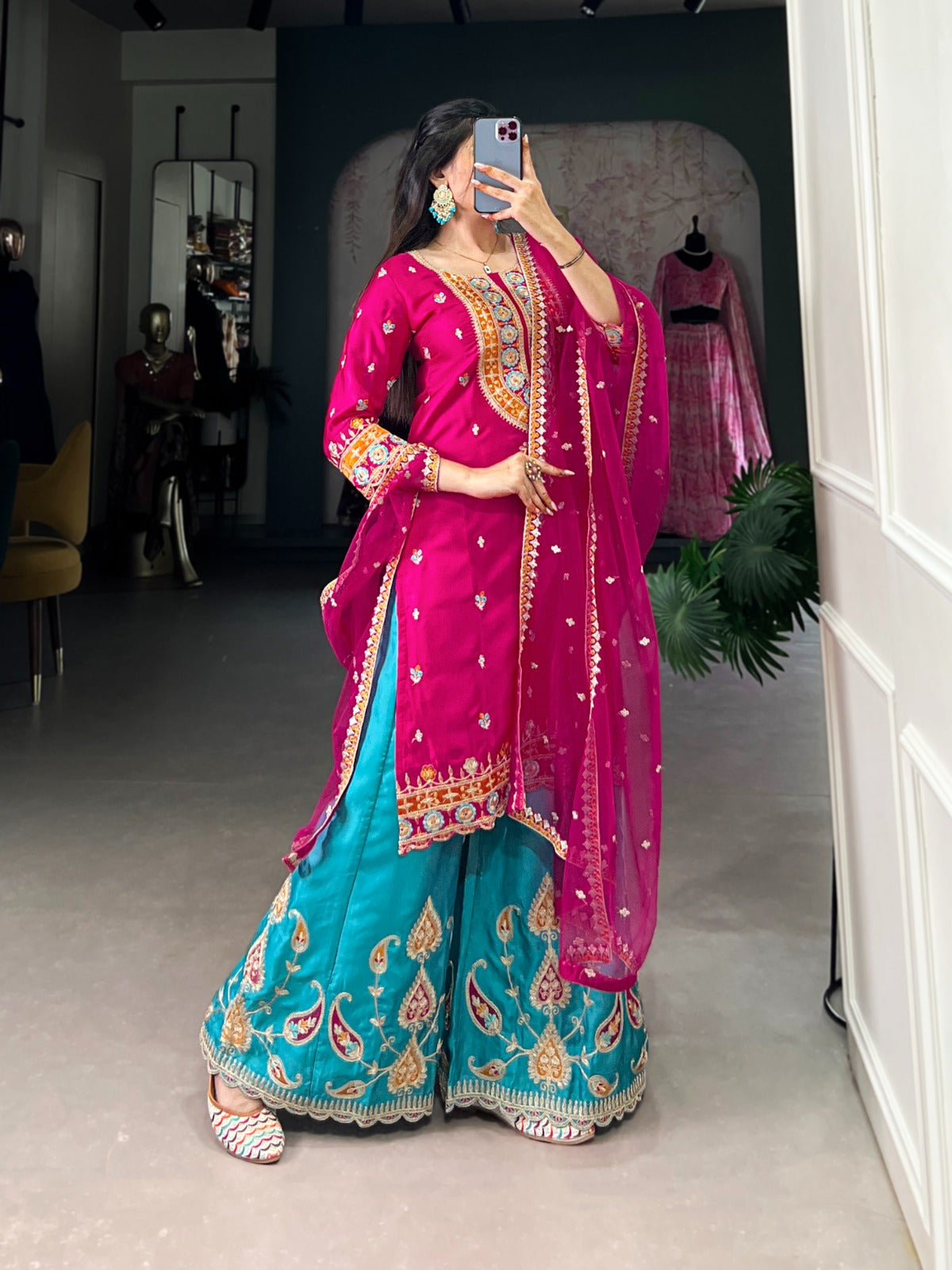 Exquisite Pink Silk Sequins Thread Worked Top Sharara Suit - INDIAN ELEGANCE