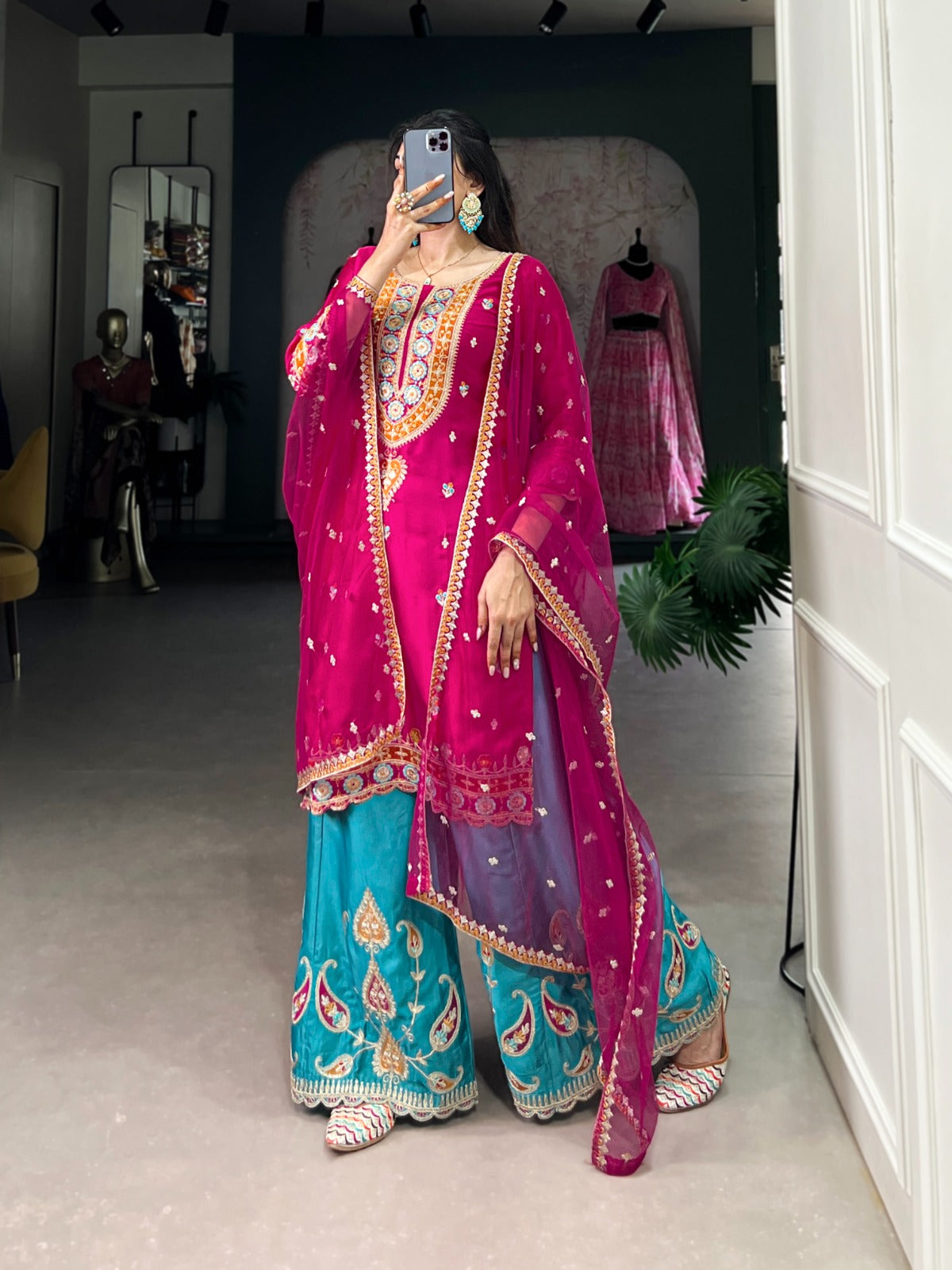 Exquisite Pink Silk Sequins Thread Worked Top Sharara Suit - INDIAN ELEGANCE