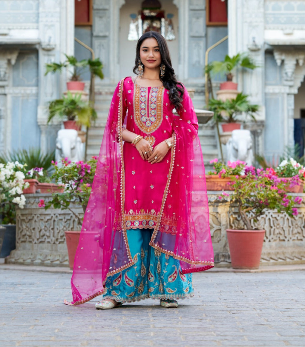 Exquisite Pink Silk Sequins Thread Worked Top Sharara Suit - INDIAN ELEGANCE