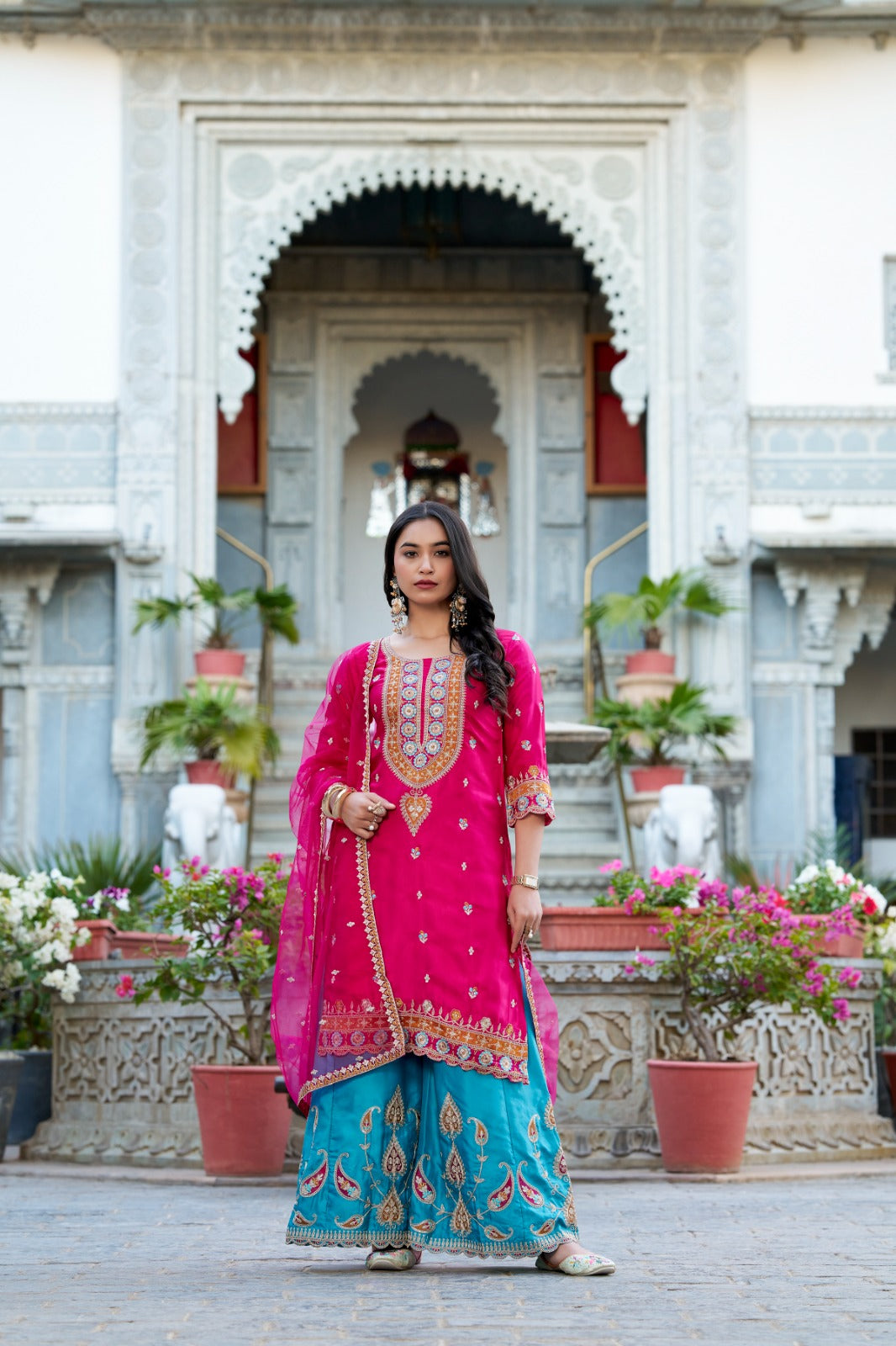 Exquisite Pink Silk Sequins Thread Worked Top Sharara Suit - INDIAN ELEGANCE