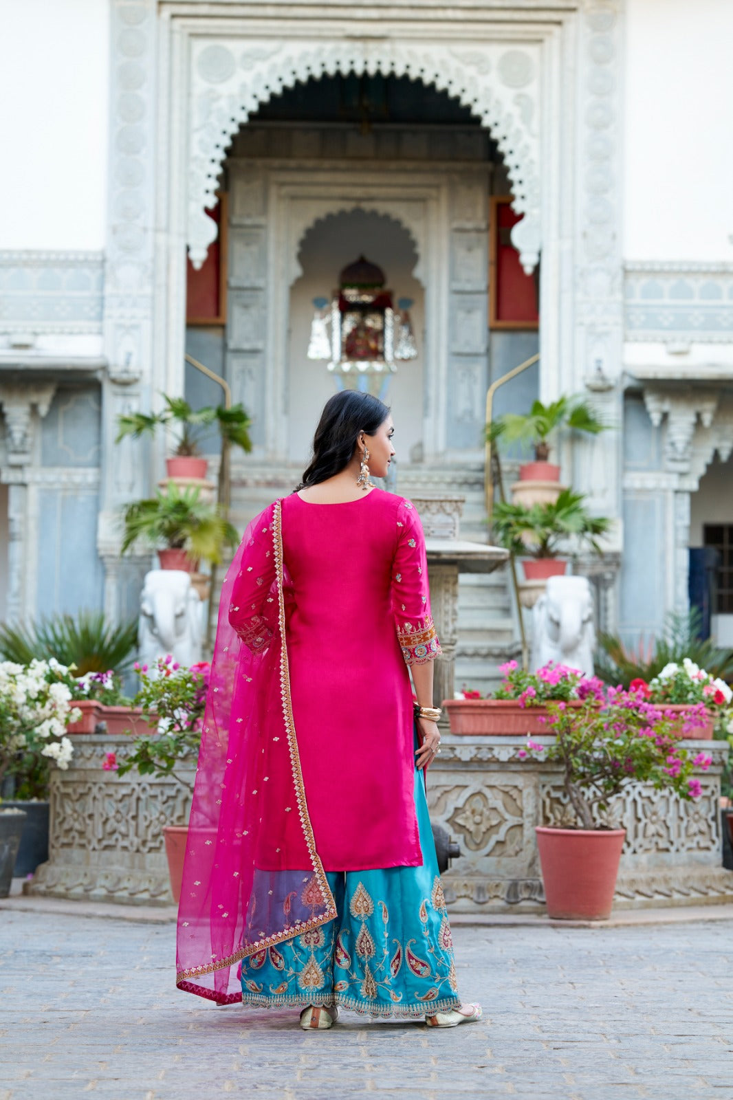 Exquisite Pink Silk Sequins Thread Worked Top Sharara Suit - INDIAN ELEGANCE