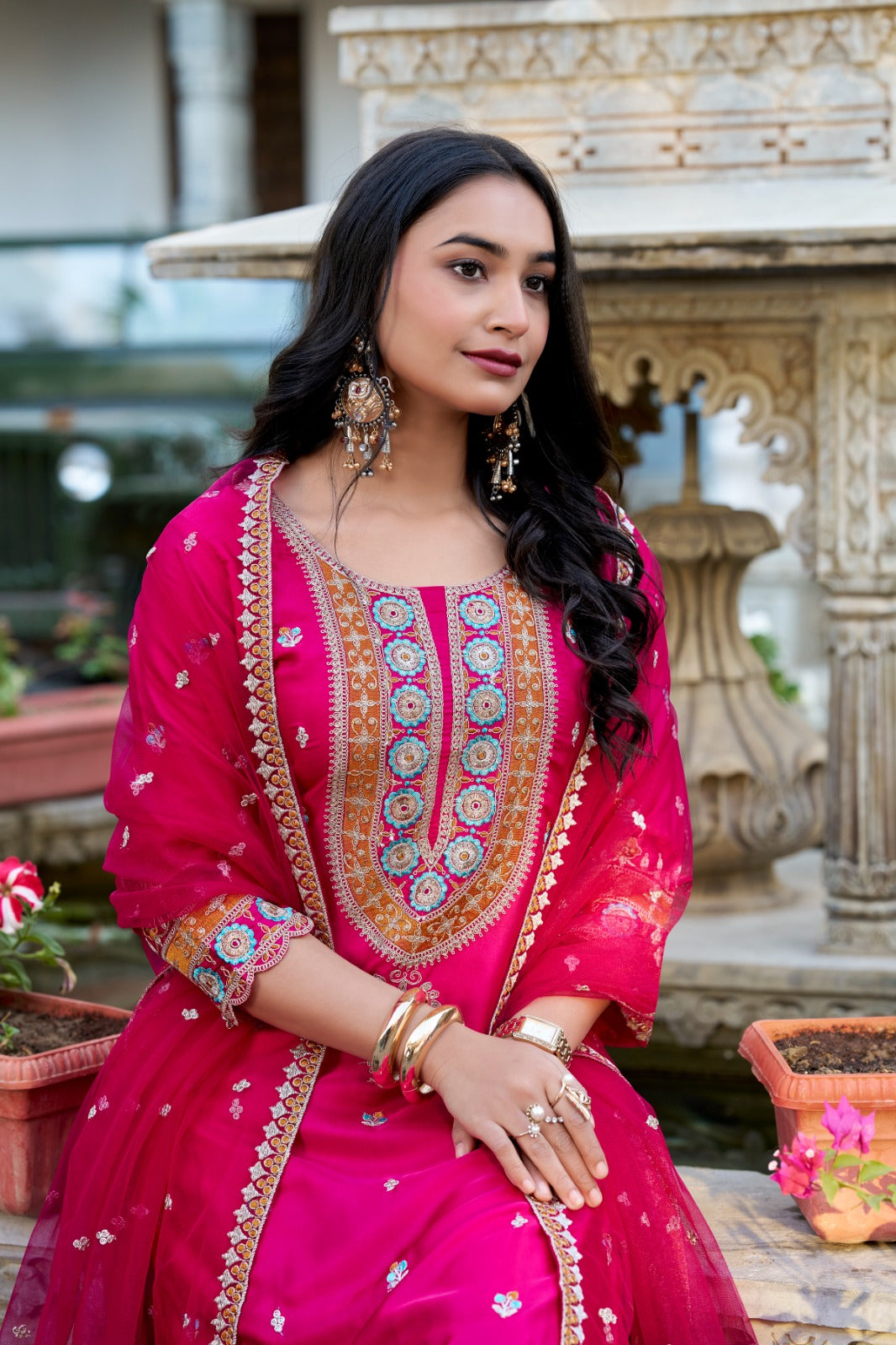 Exquisite Pink Silk Sequins Thread Worked Top Sharara Suit - INDIAN ELEGANCE