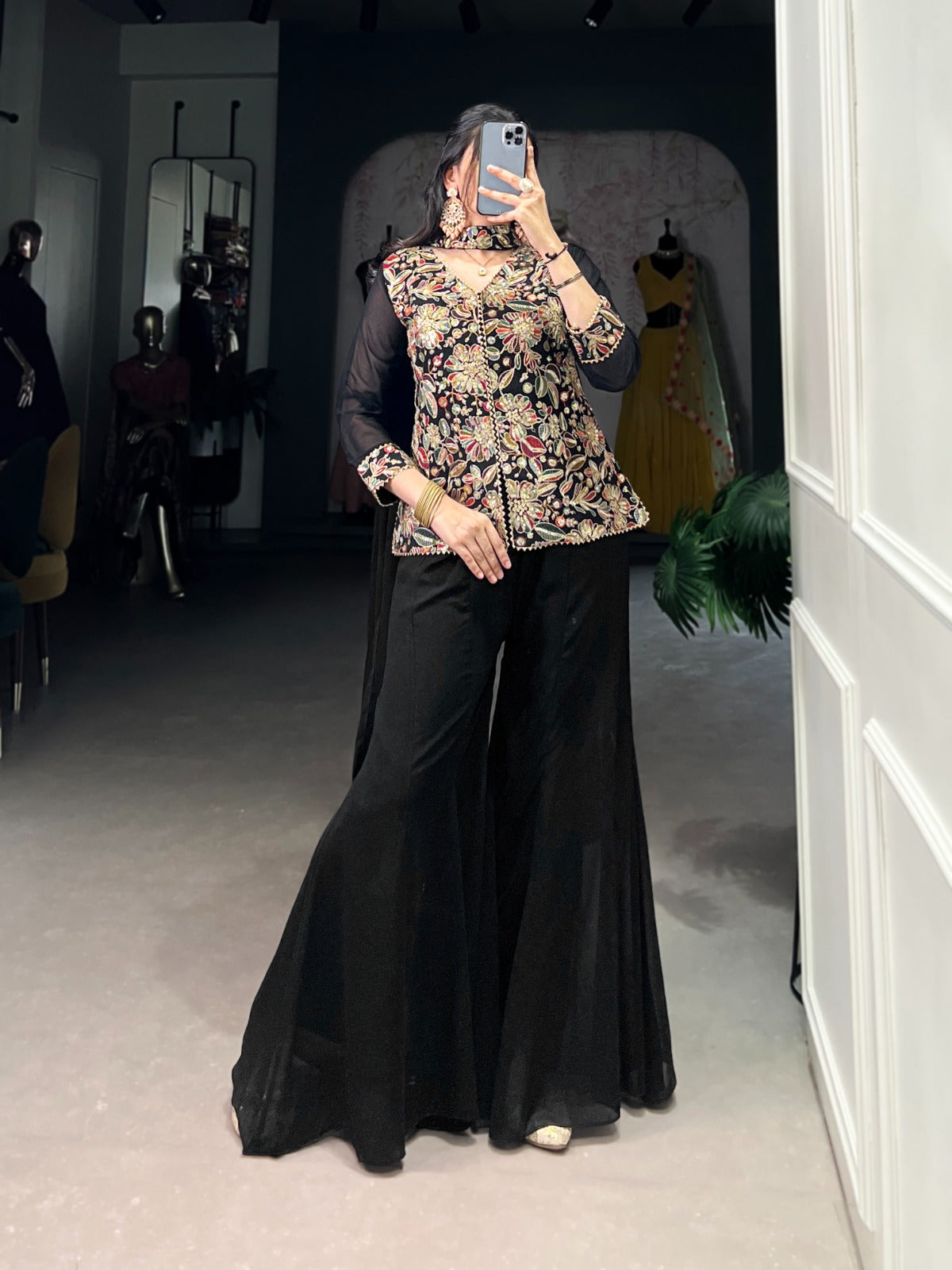Breathtaking Black Georgette Sequins Thread Worked Top Palazzo Suit