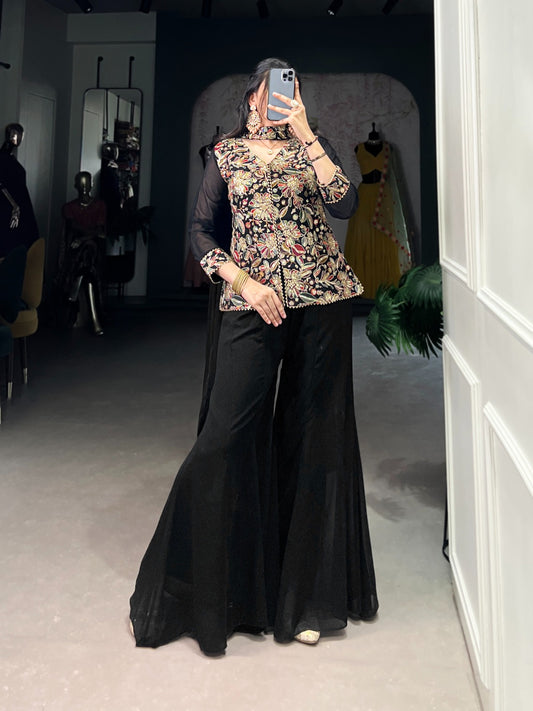 Breathtaking Black Georgette Sequins Thread Worked Top Palazzo Suit
