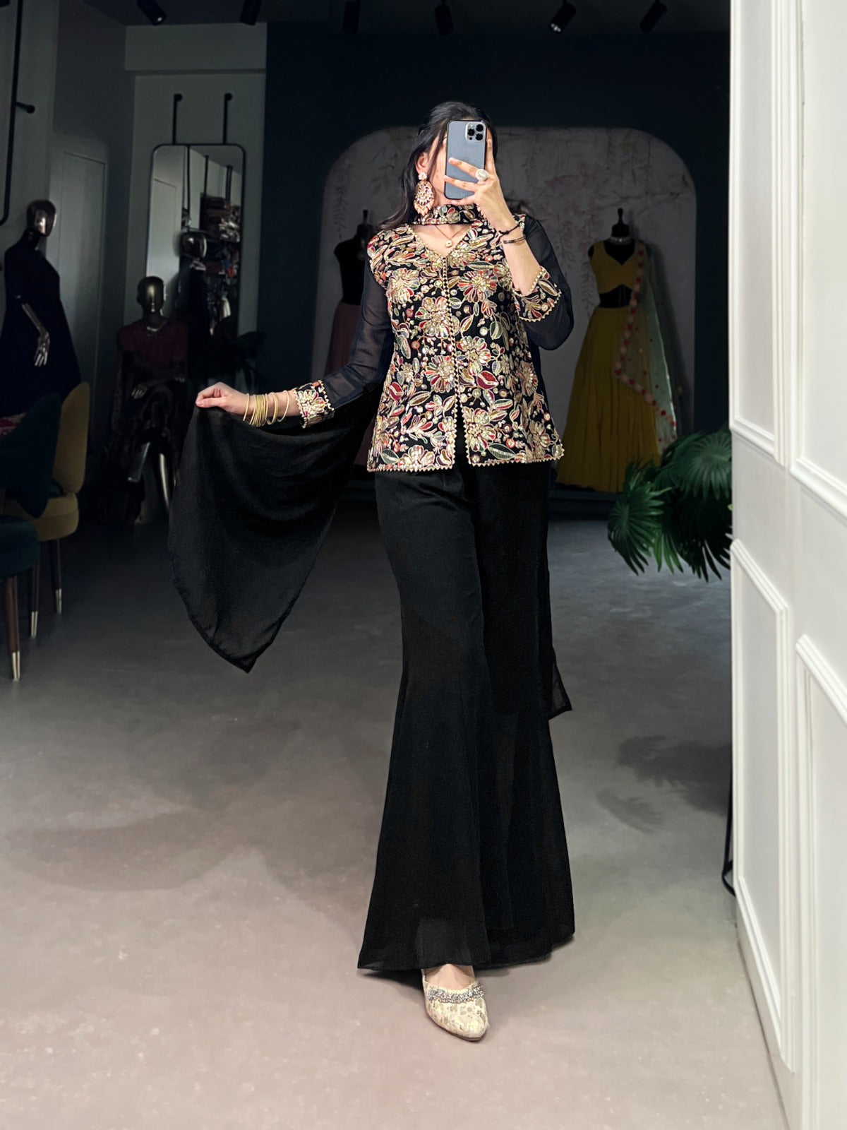 Breathtaking Black Georgette Sequins Thread Worked Top Palazzo Suit