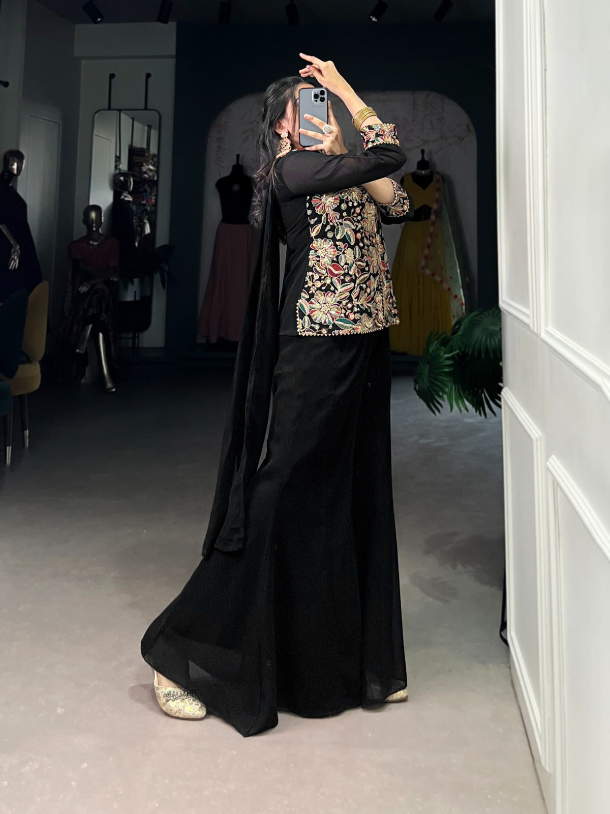 Breathtaking Black Georgette Sequins Thread Worked Top Palazzo Suit