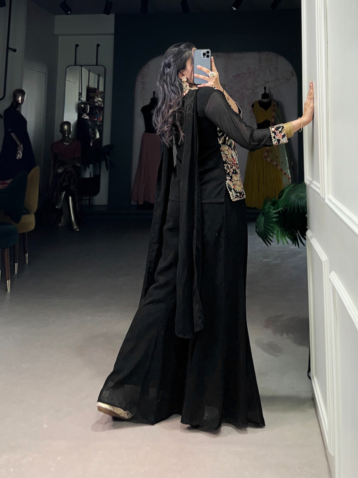 Breathtaking Black Georgette Sequins Thread Worked Top Palazzo Suit