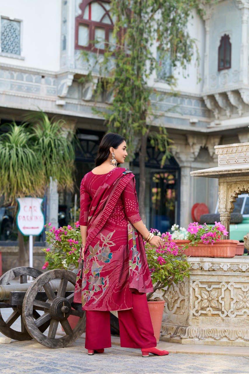 Spellbinding Roman Silk Floral Printed Top Palazzo Suit - INDIAN ELEGANCE