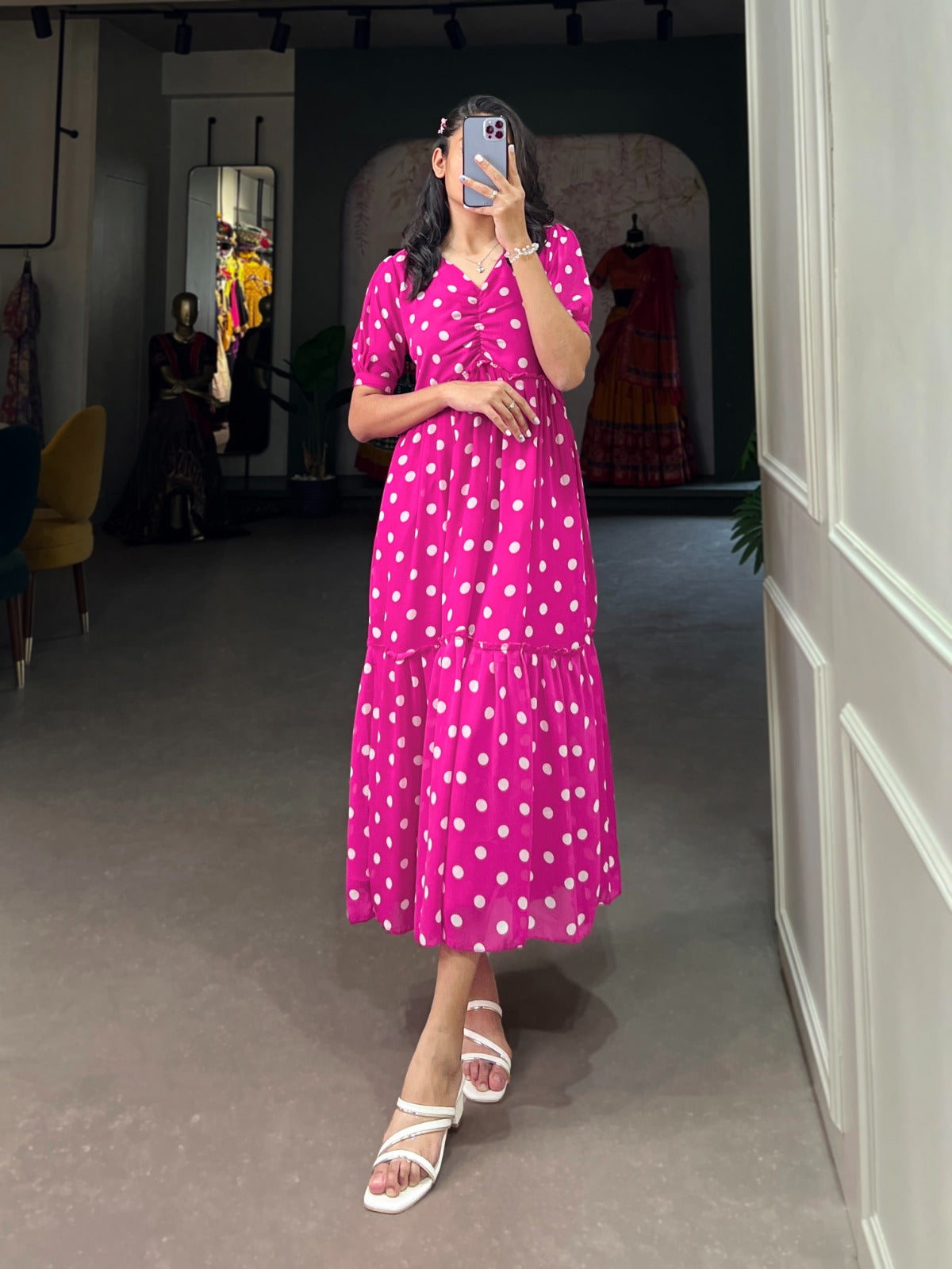 Stylish Georgette Polka Dot Printed Stitched Kurti - INDIAN ELEGANCE