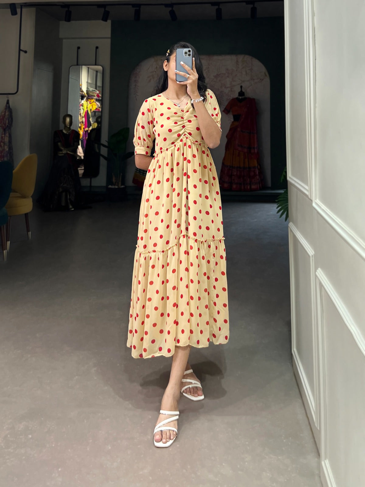 Stylish Georgette Polka Dot Printed Stitched Kurti - INDIAN ELEGANCE