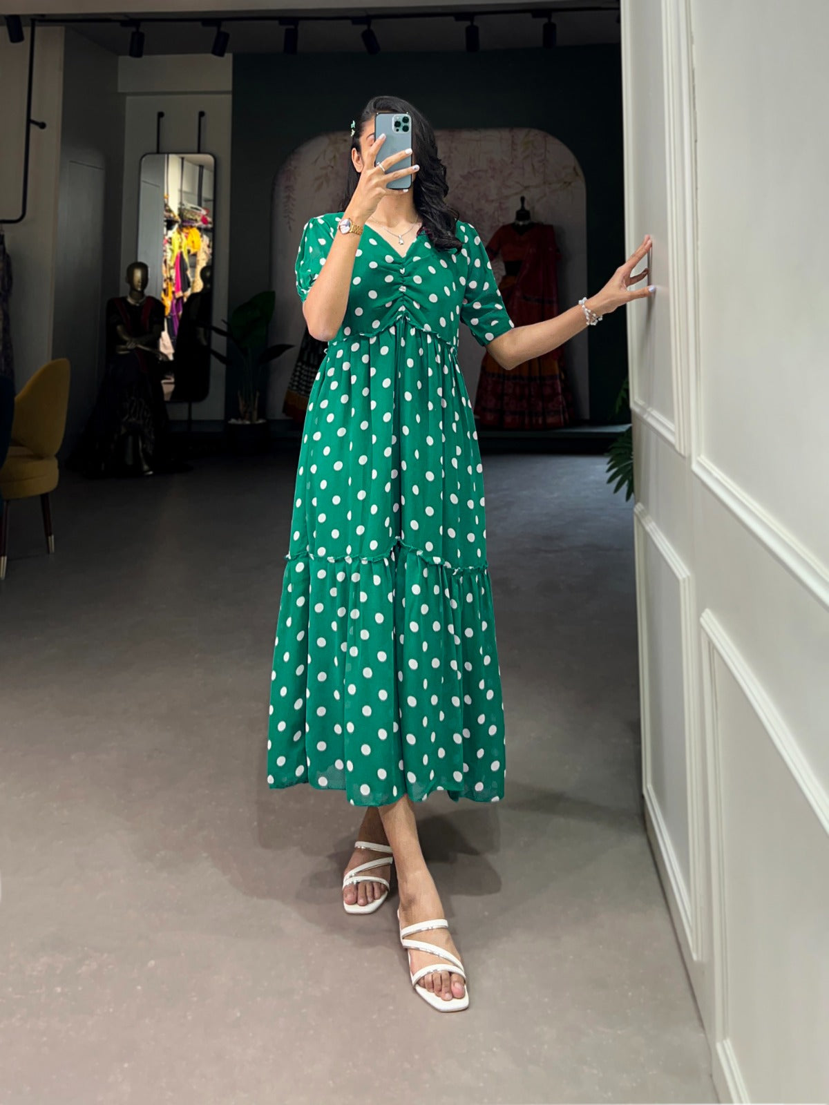 Stylish Georgette Polka Dot Printed Stitched Kurti - INDIAN ELEGANCE