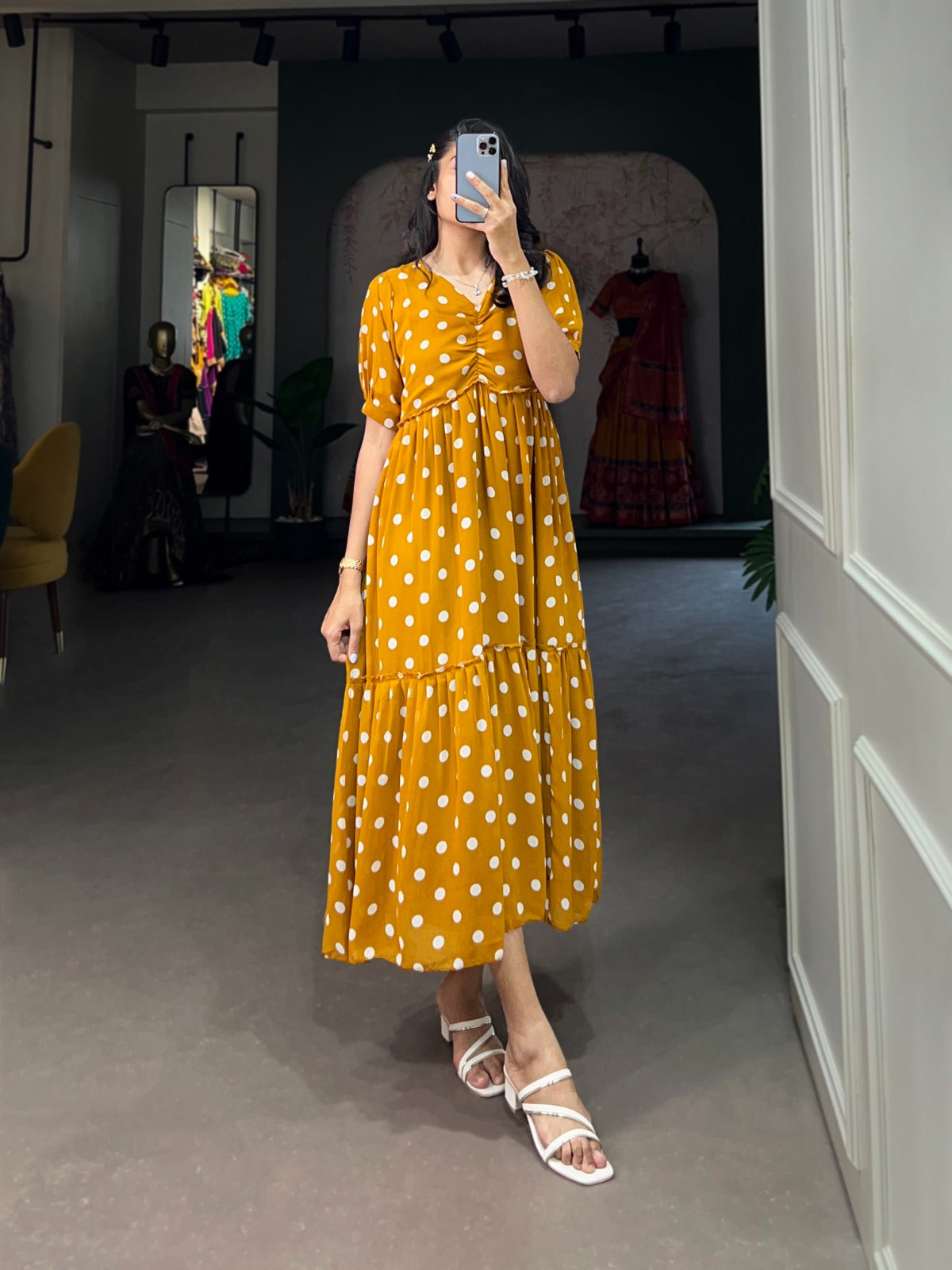 Stylish Georgette Polka Dot Printed Stitched Kurti - INDIAN ELEGANCE