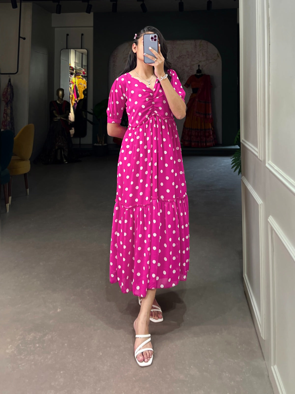 Stylish Georgette Polka Dot Printed Stitched Kurti - INDIAN ELEGANCE