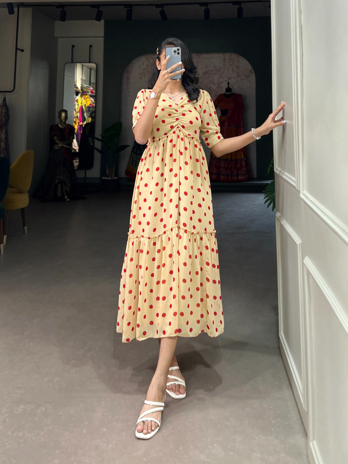 Stylish Georgette Polka Dot Printed Stitched Kurti - INDIAN ELEGANCE