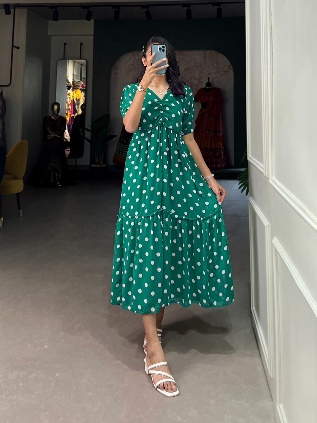 Stylish Georgette Polka Dot Printed Stitched Kurti - INDIAN ELEGANCE
