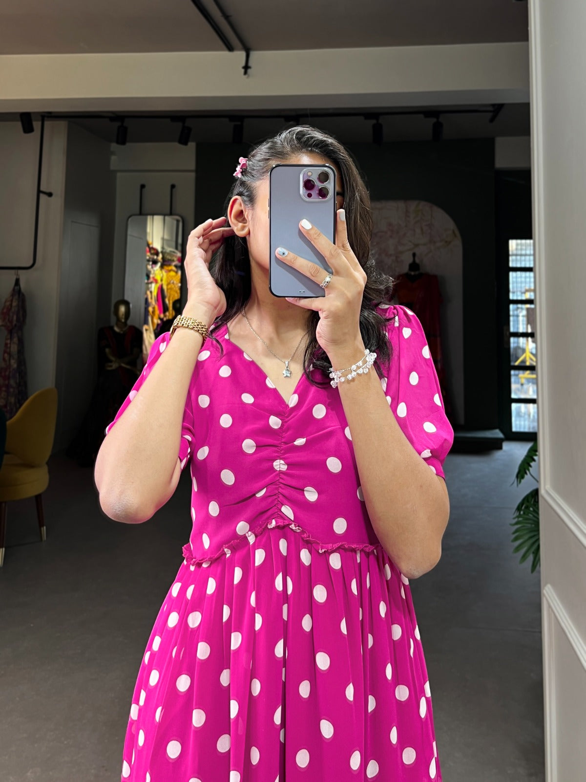 Stylish Georgette Polka Dot Printed Stitched Kurti - INDIAN ELEGANCE