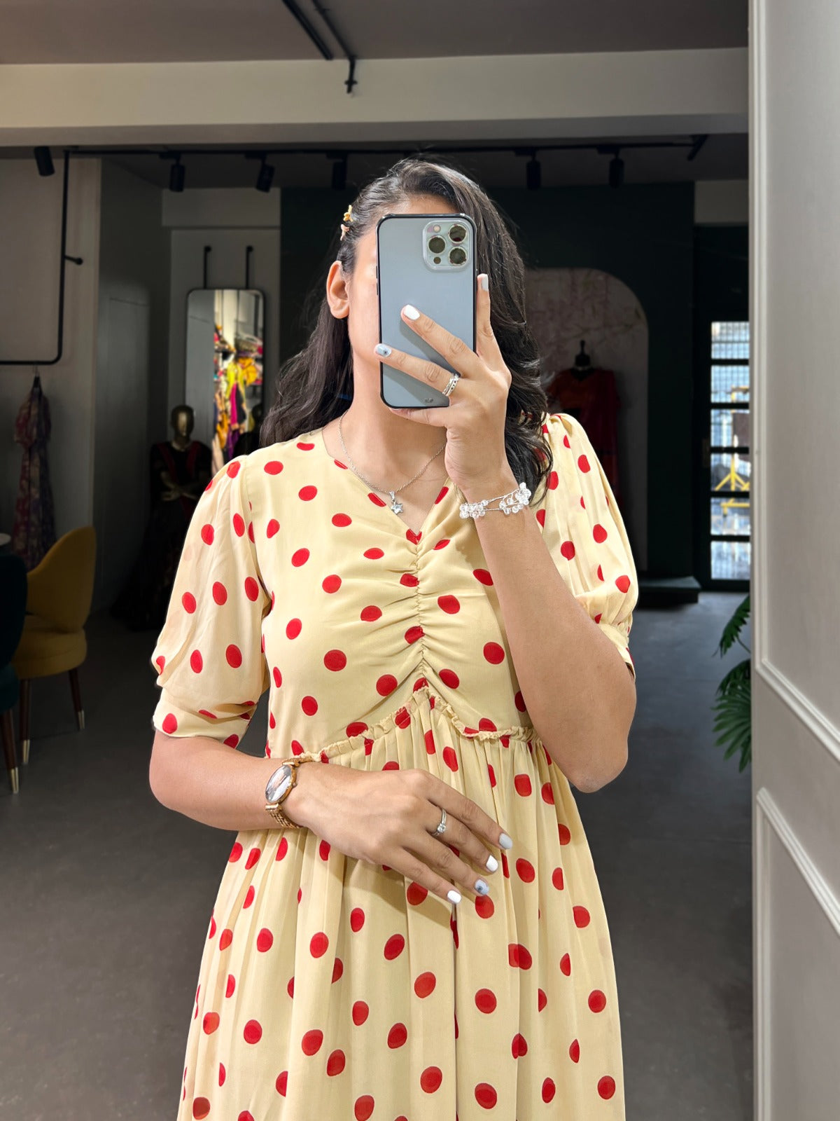 Stylish Georgette Polka Dot Printed Stitched Kurti - INDIAN ELEGANCE