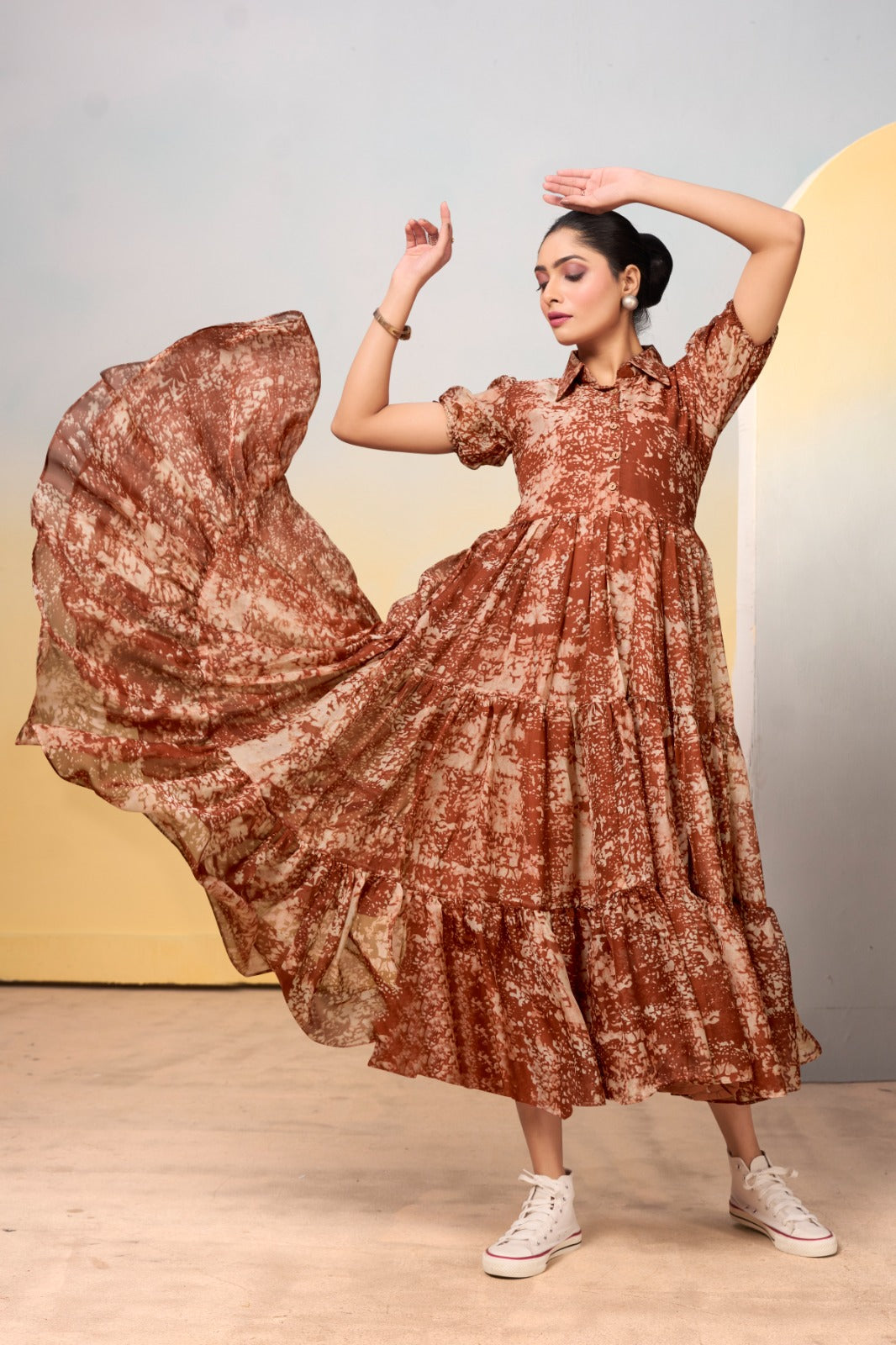 Breathtaking Brown Tabby Silk Printed Stitched Kurti - INDIAN ELEGANCE