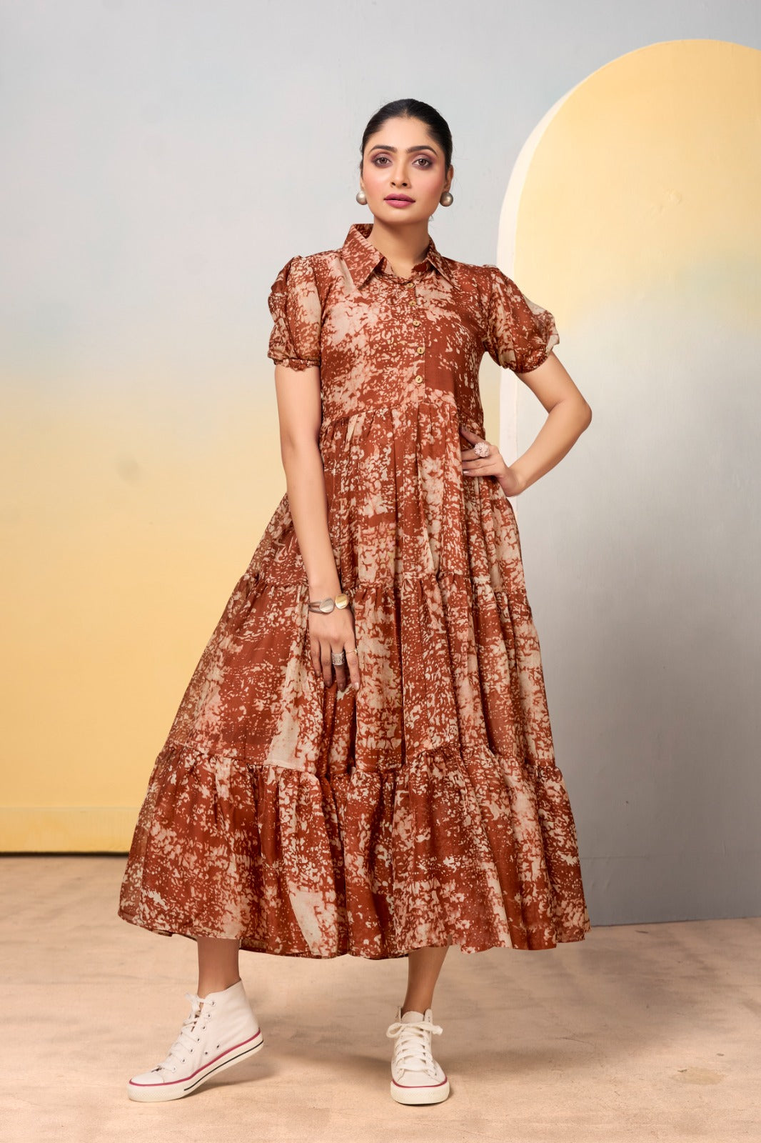 Breathtaking Brown Tabby Silk Printed Stitched Kurti - INDIAN ELEGANCE
