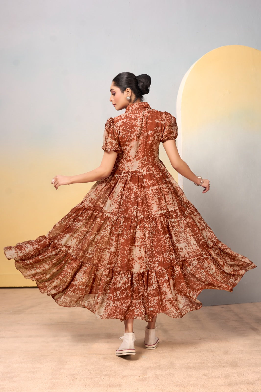 Breathtaking Brown Tabby Silk Printed Stitched Kurti - INDIAN ELEGANCE