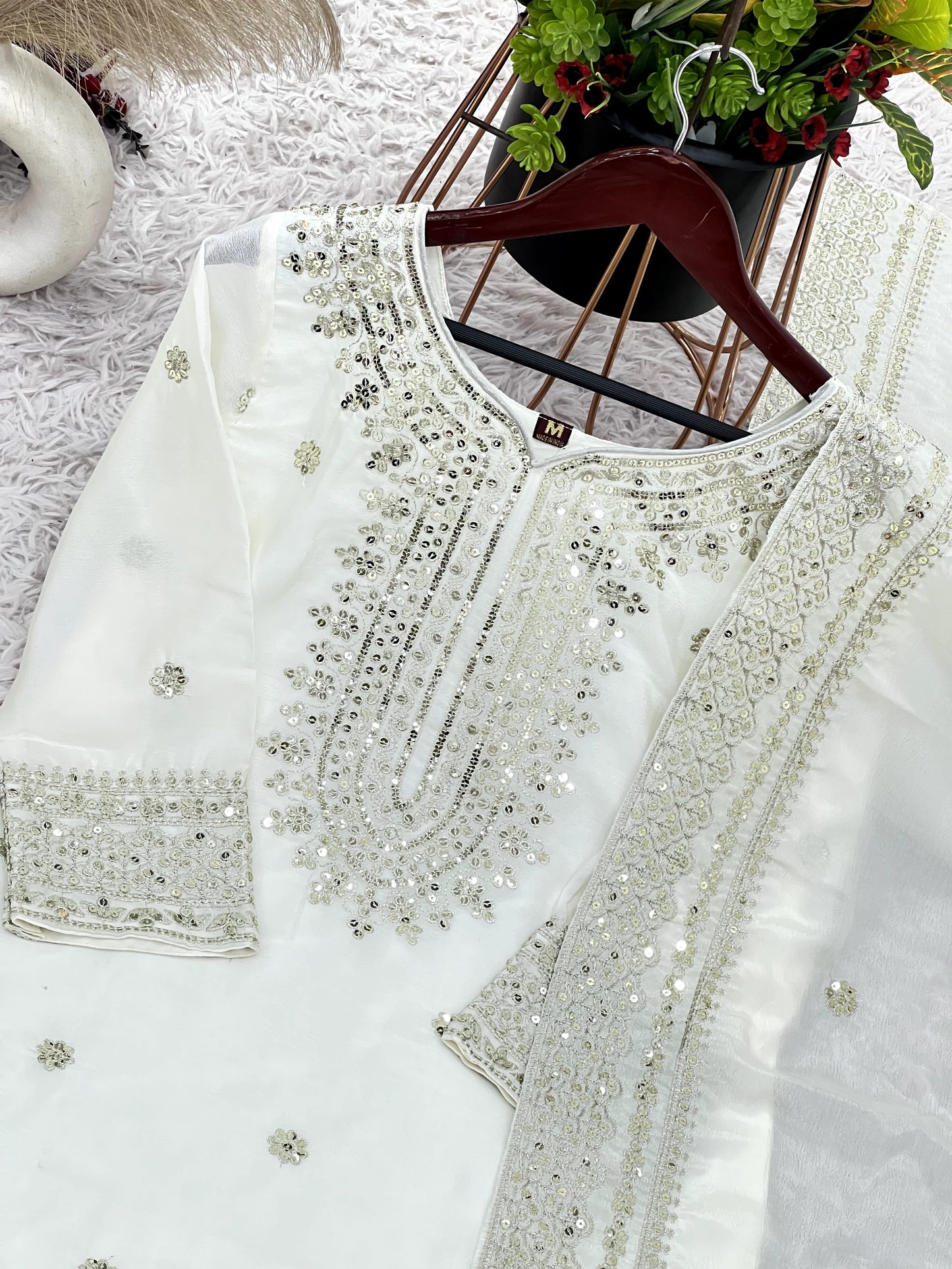 Magnificent Chinon Silk Sequins Embroidered Top Sharara Suit