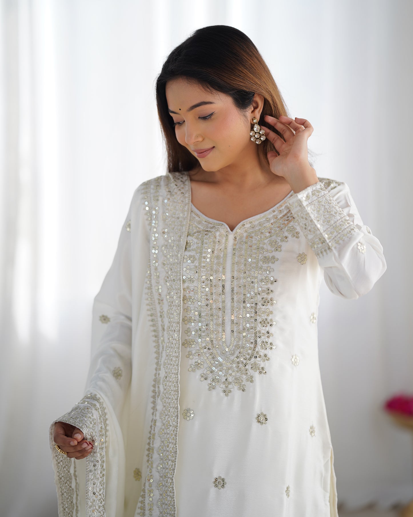 Magnificent Chinon Silk Sequins Embroidered Top Sharara Suit
