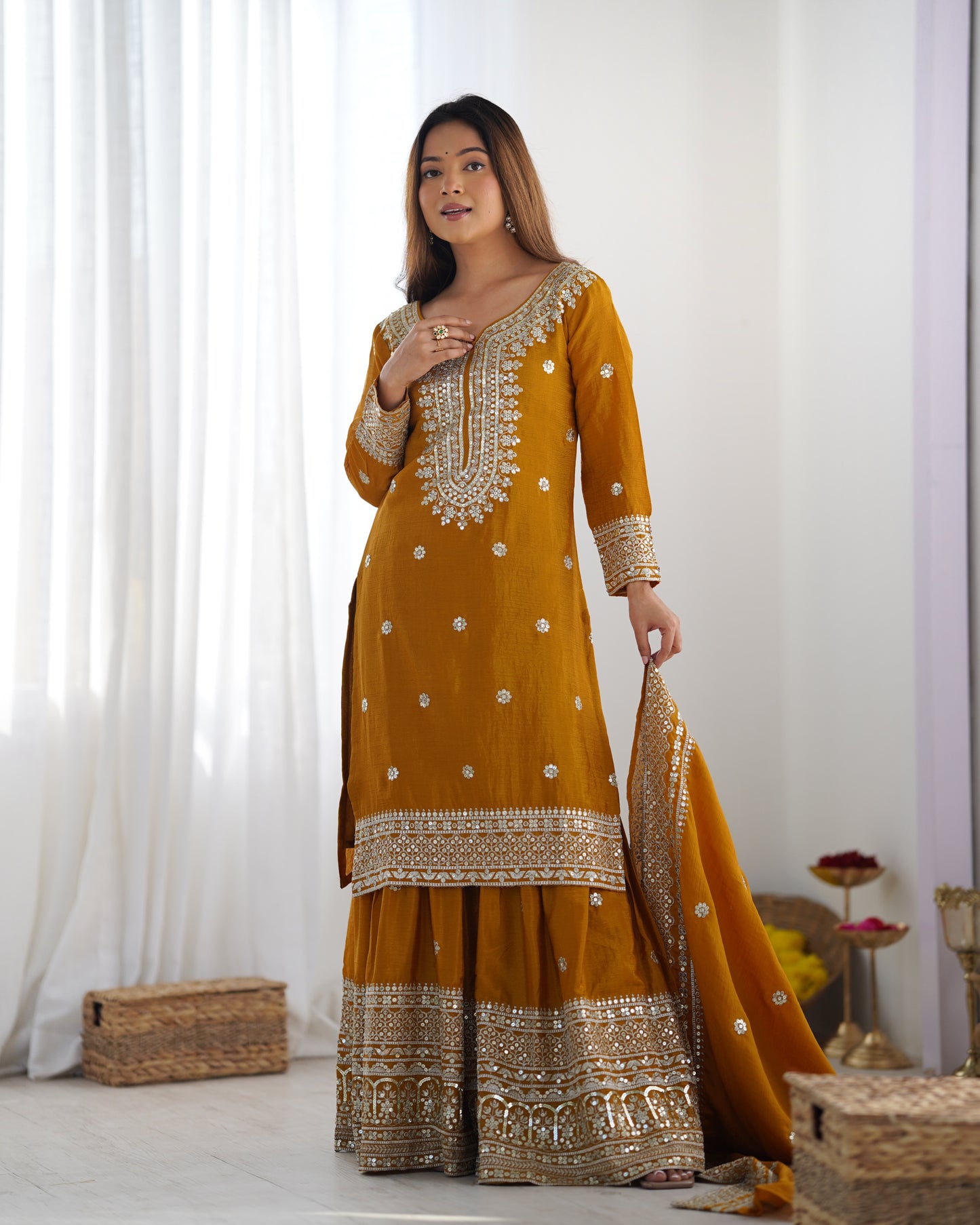 Magnificent Chinon Silk Sequins Embroidered Top Sharara Suit