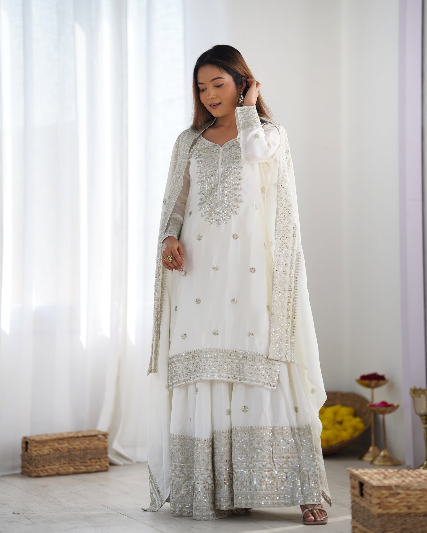 Magnificent Chinon Silk Sequins Embroidered Top Sharara Suit