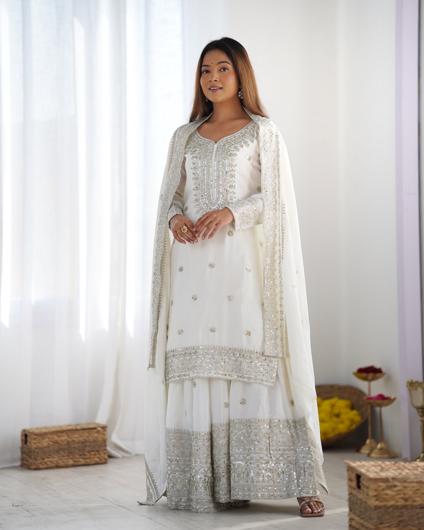 Magnificent Chinon Silk Sequins Embroidered Top Sharara Suit