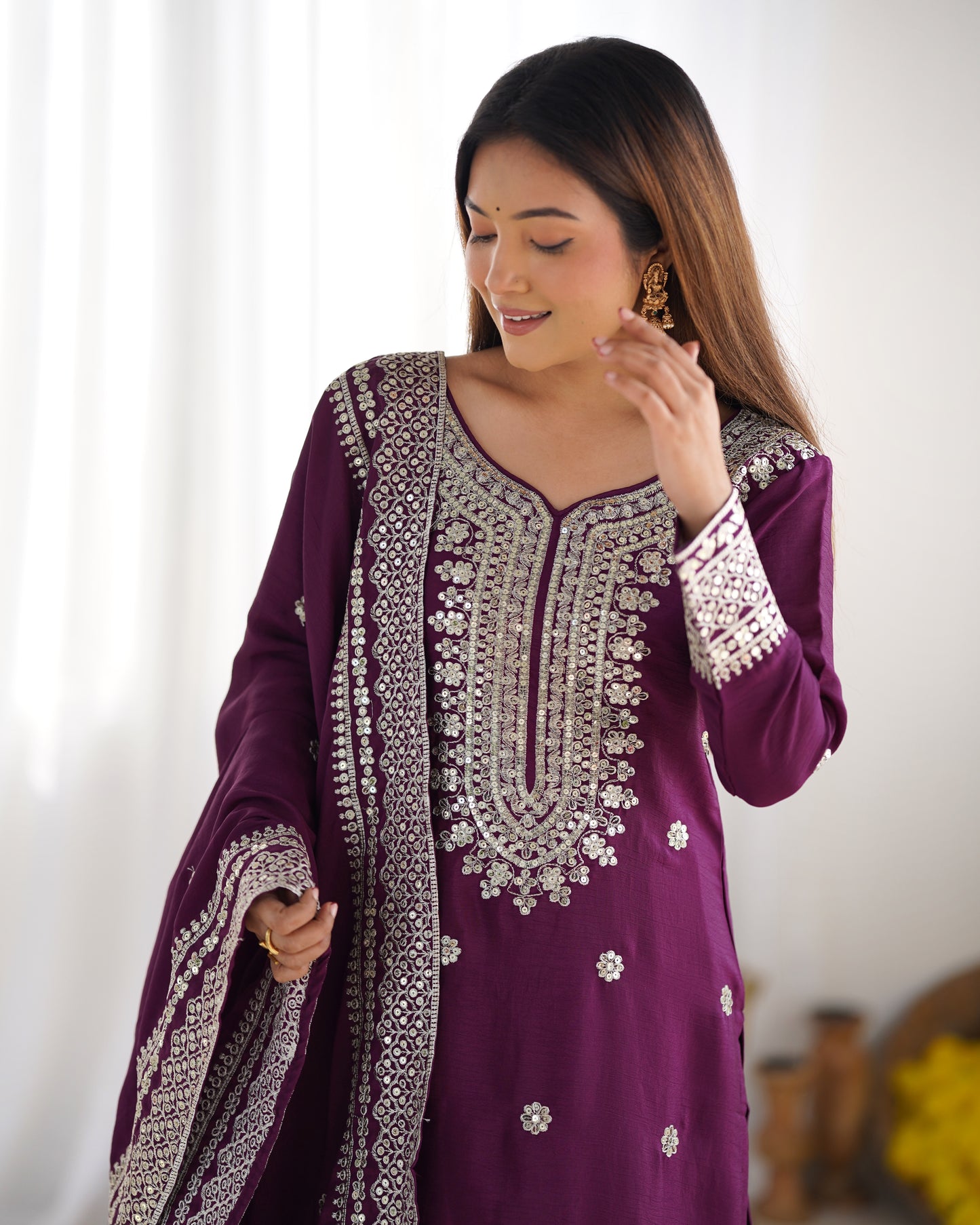 Magnificent Chinon Silk Sequins Embroidered Top Sharara Suit