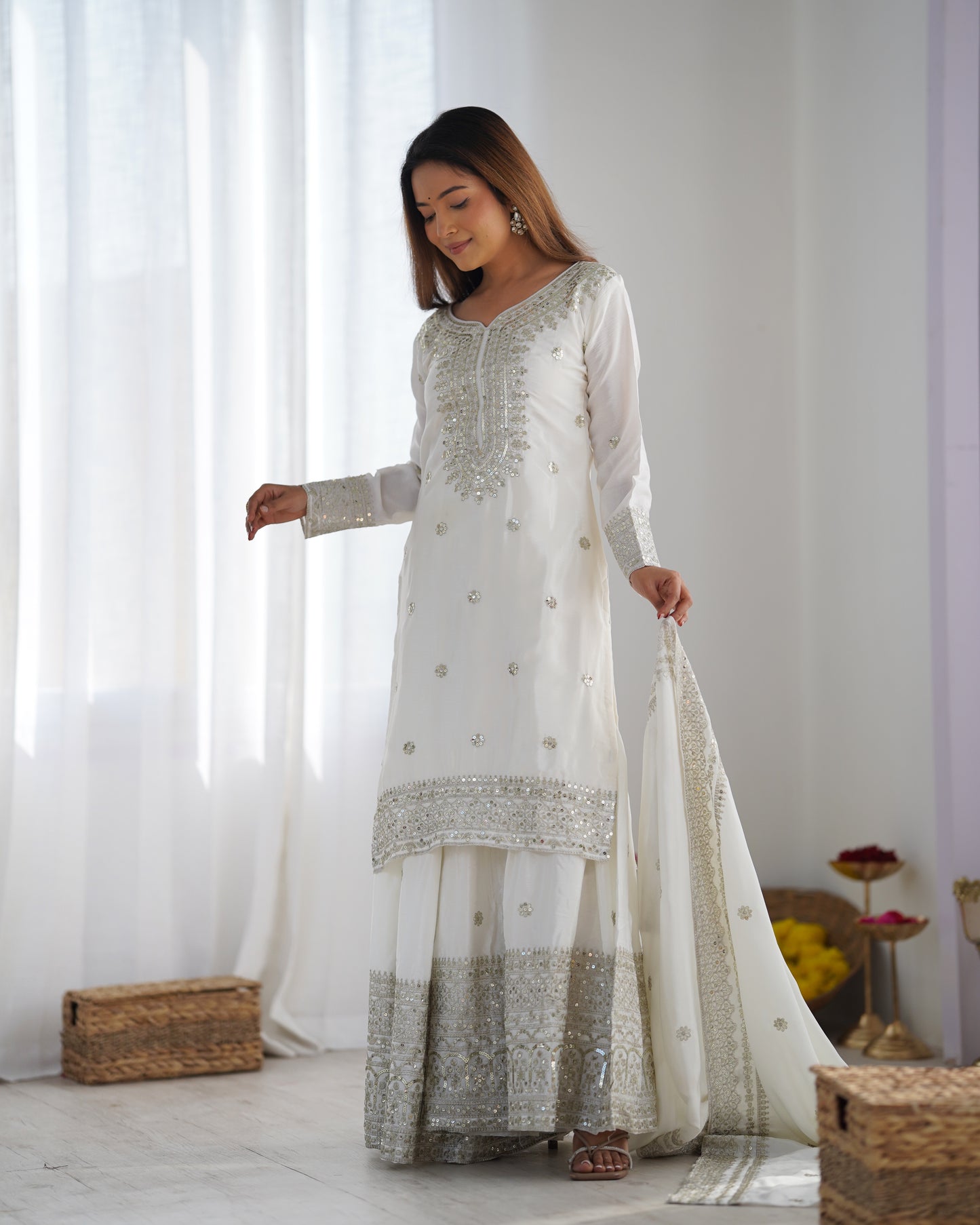 Magnificent Chinon Silk Sequins Embroidered Top Sharara Suit