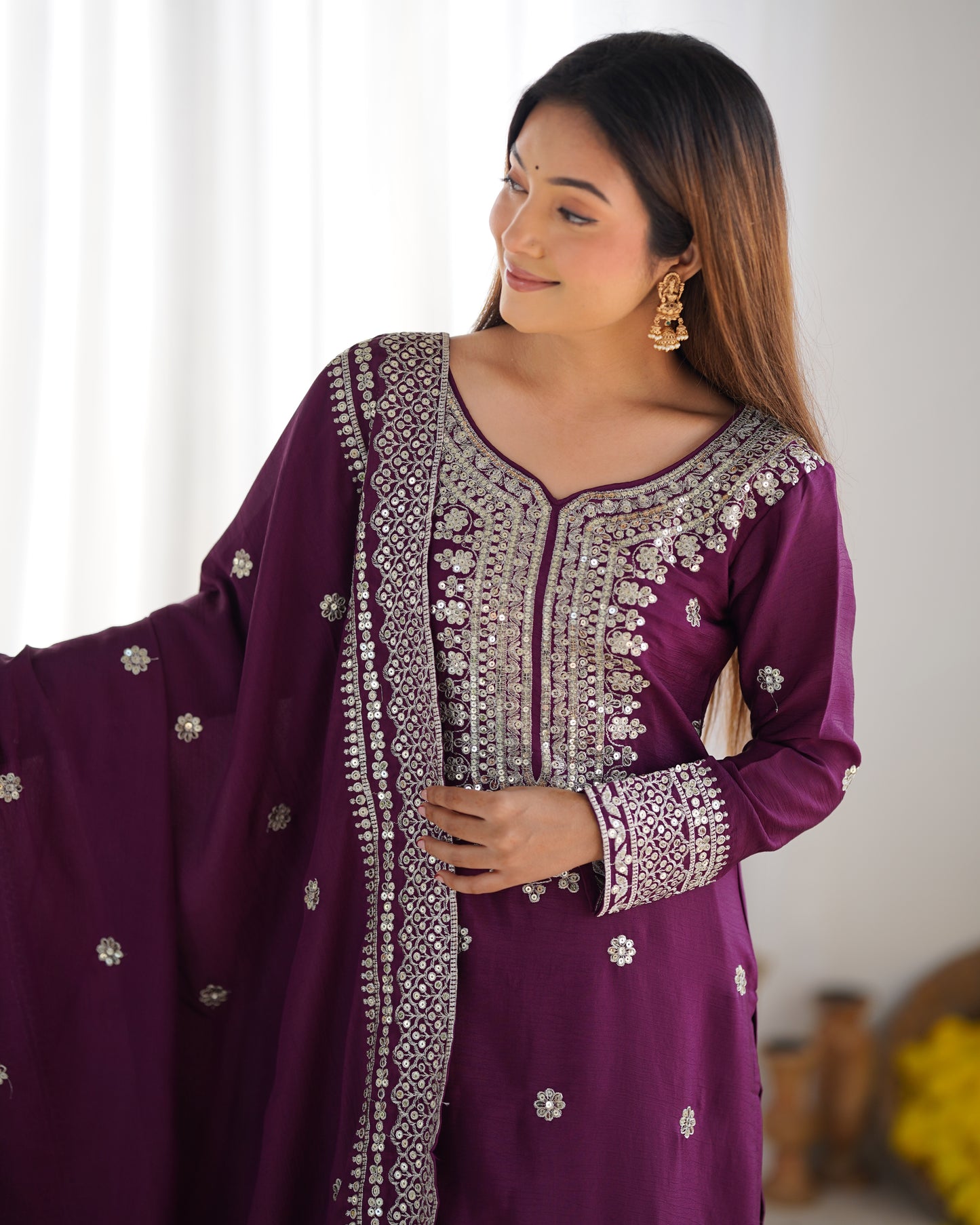 Magnificent Chinon Silk Sequins Embroidered Top Sharara Suit