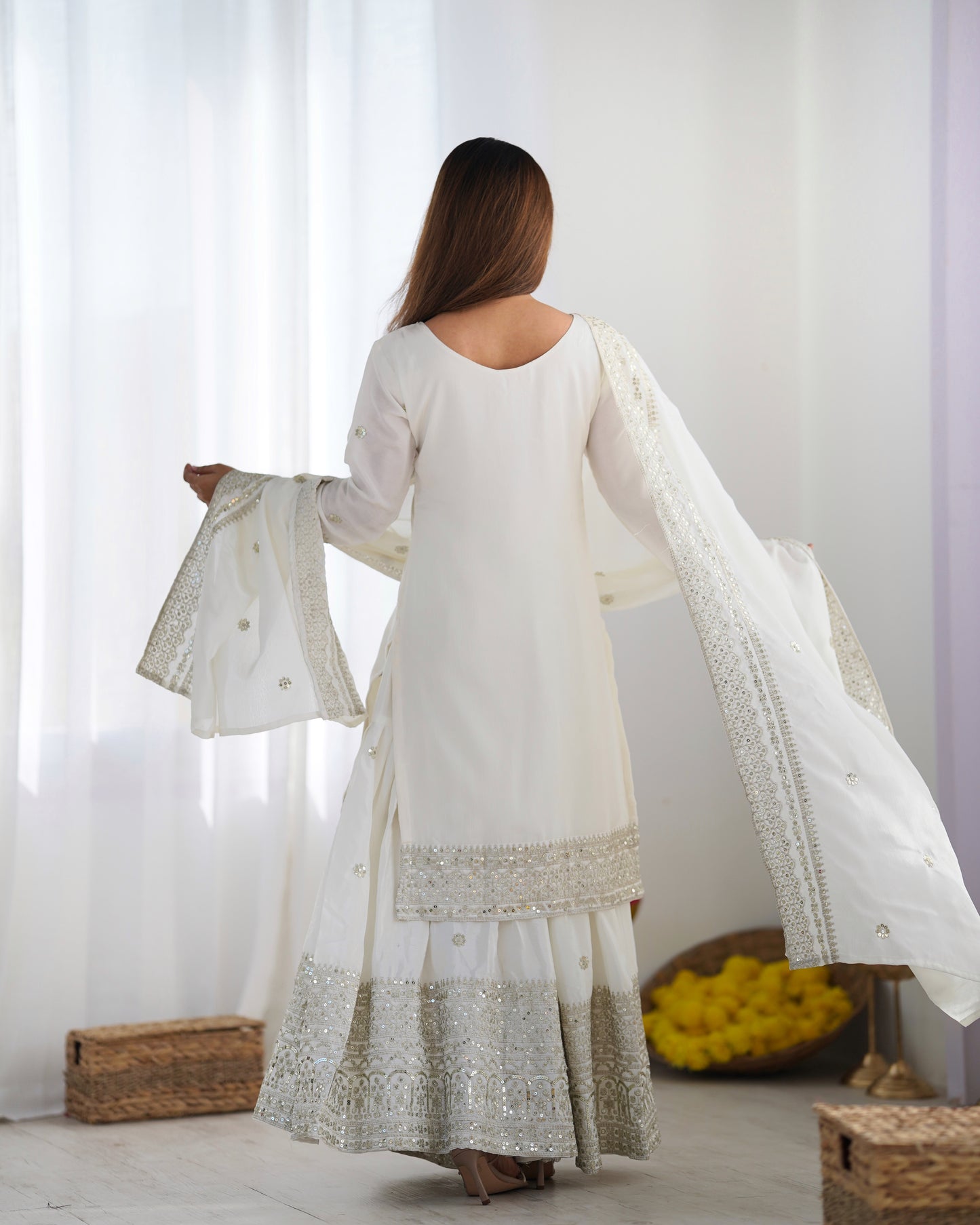 Magnificent Chinon Silk Sequins Embroidered Top Sharara Suit