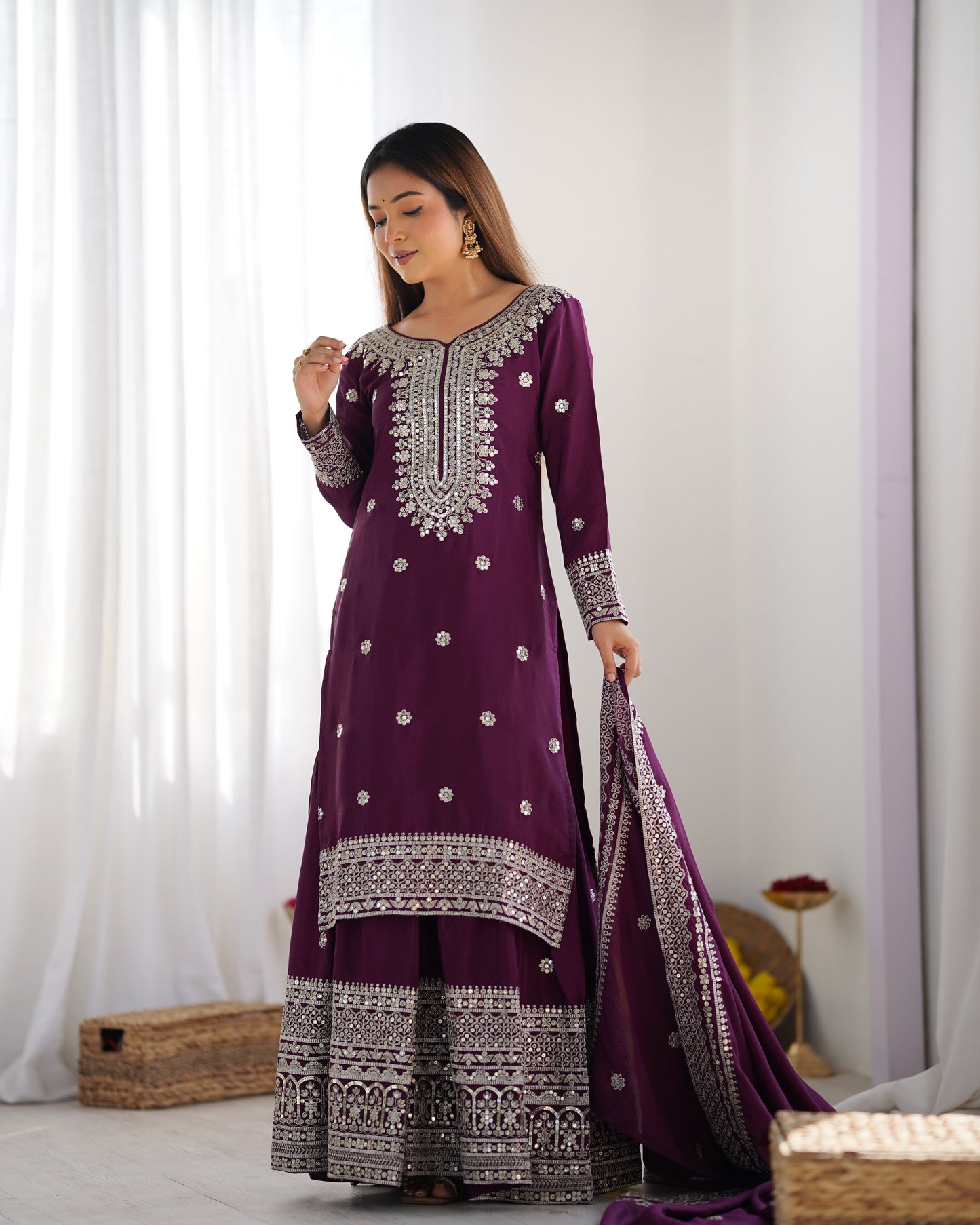 Magnificent Chinon Silk Sequins Embroidered Top Sharara Suit