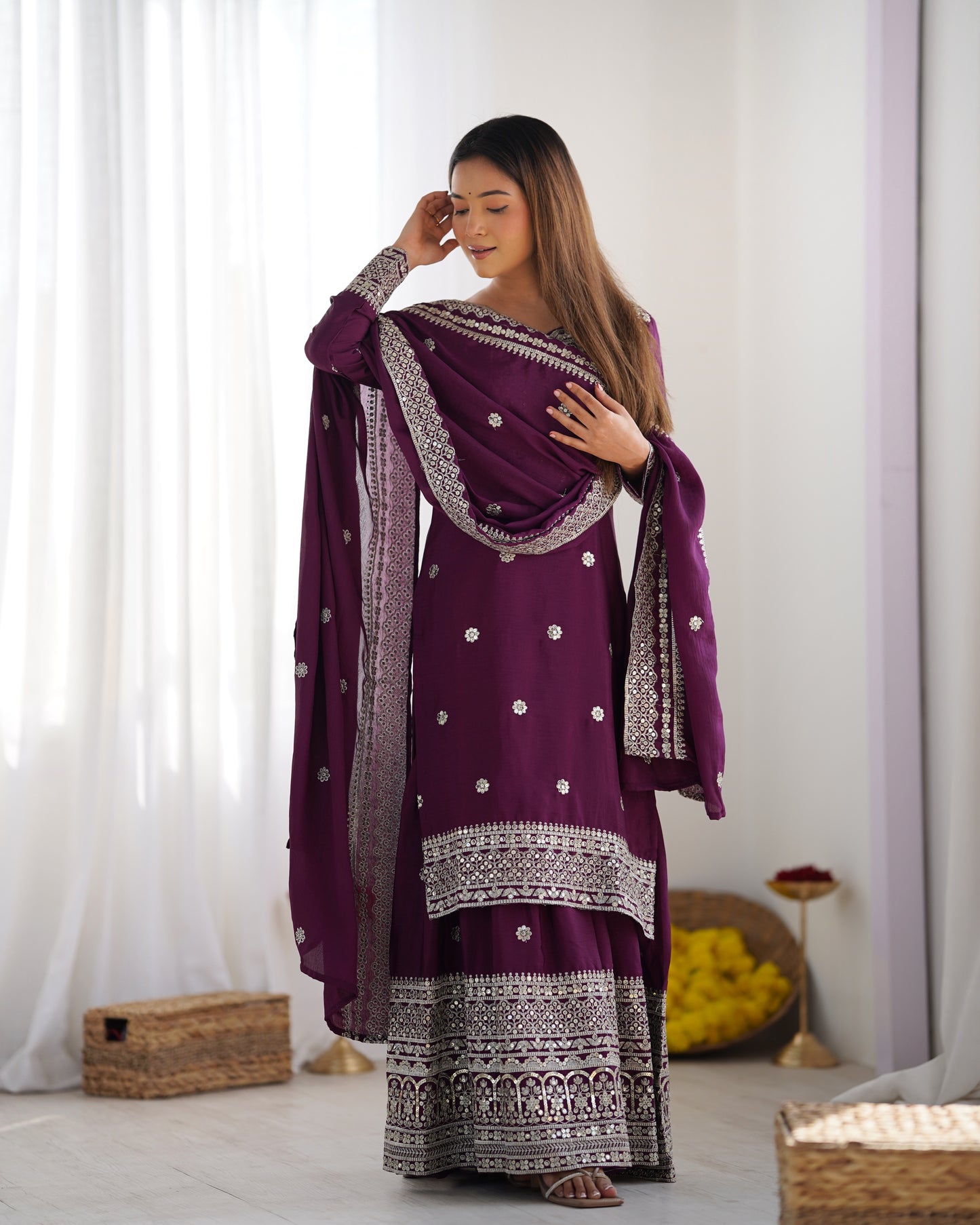 Magnificent Chinon Silk Sequins Embroidered Top Sharara Suit