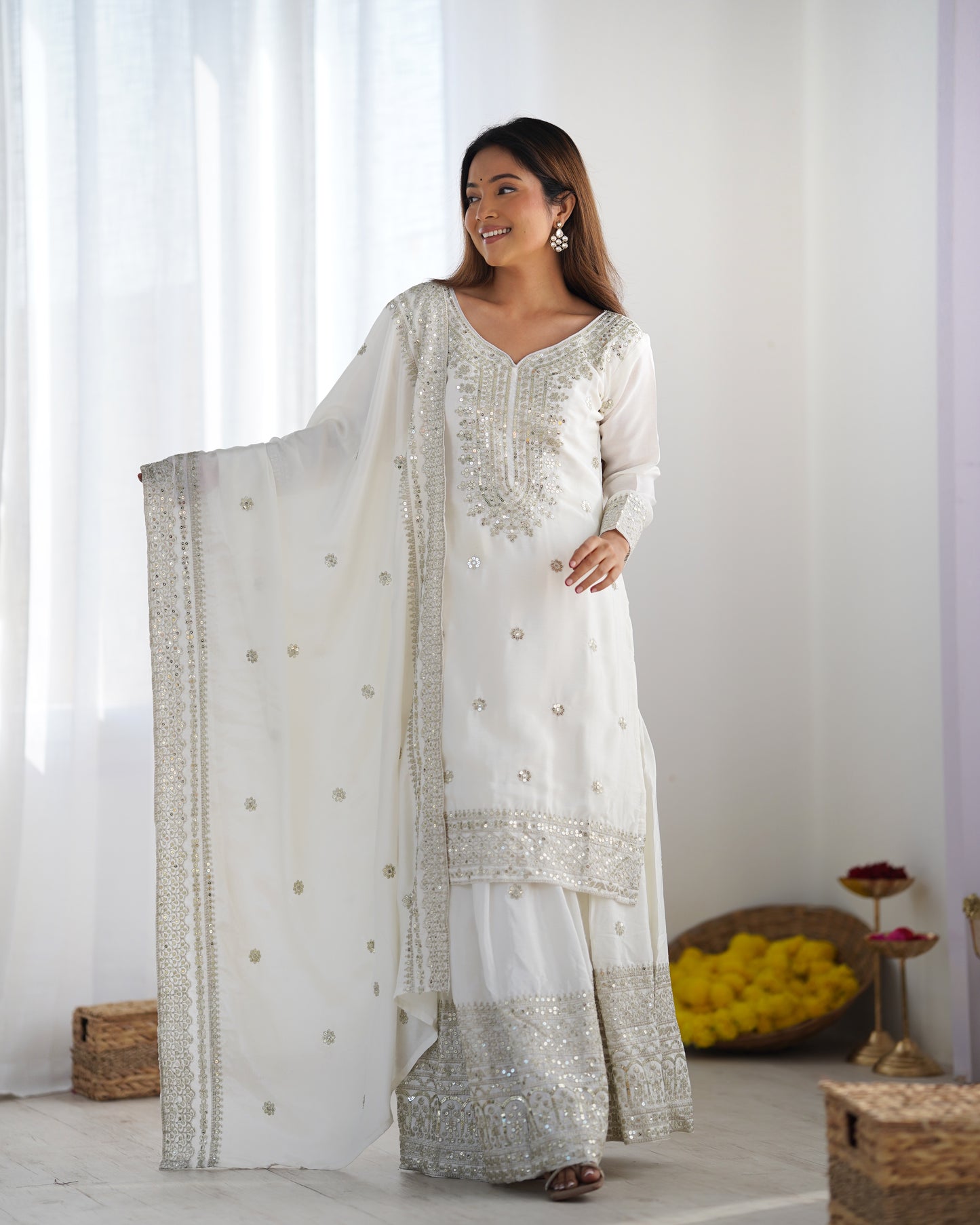 Magnificent Chinon Silk Sequins Embroidered Top Sharara Suit