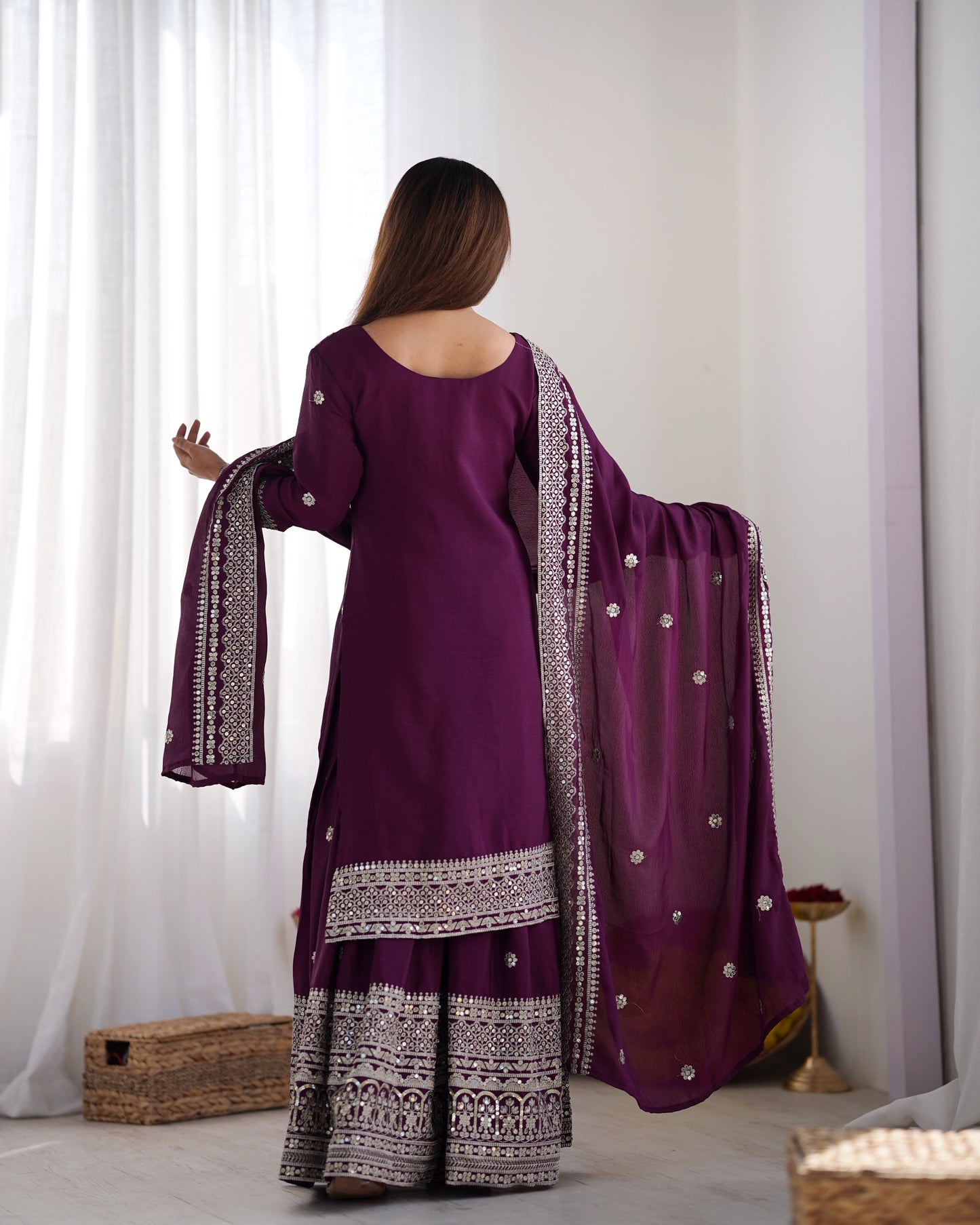 Magnificent Chinon Silk Sequins Embroidered Top Sharara Suit