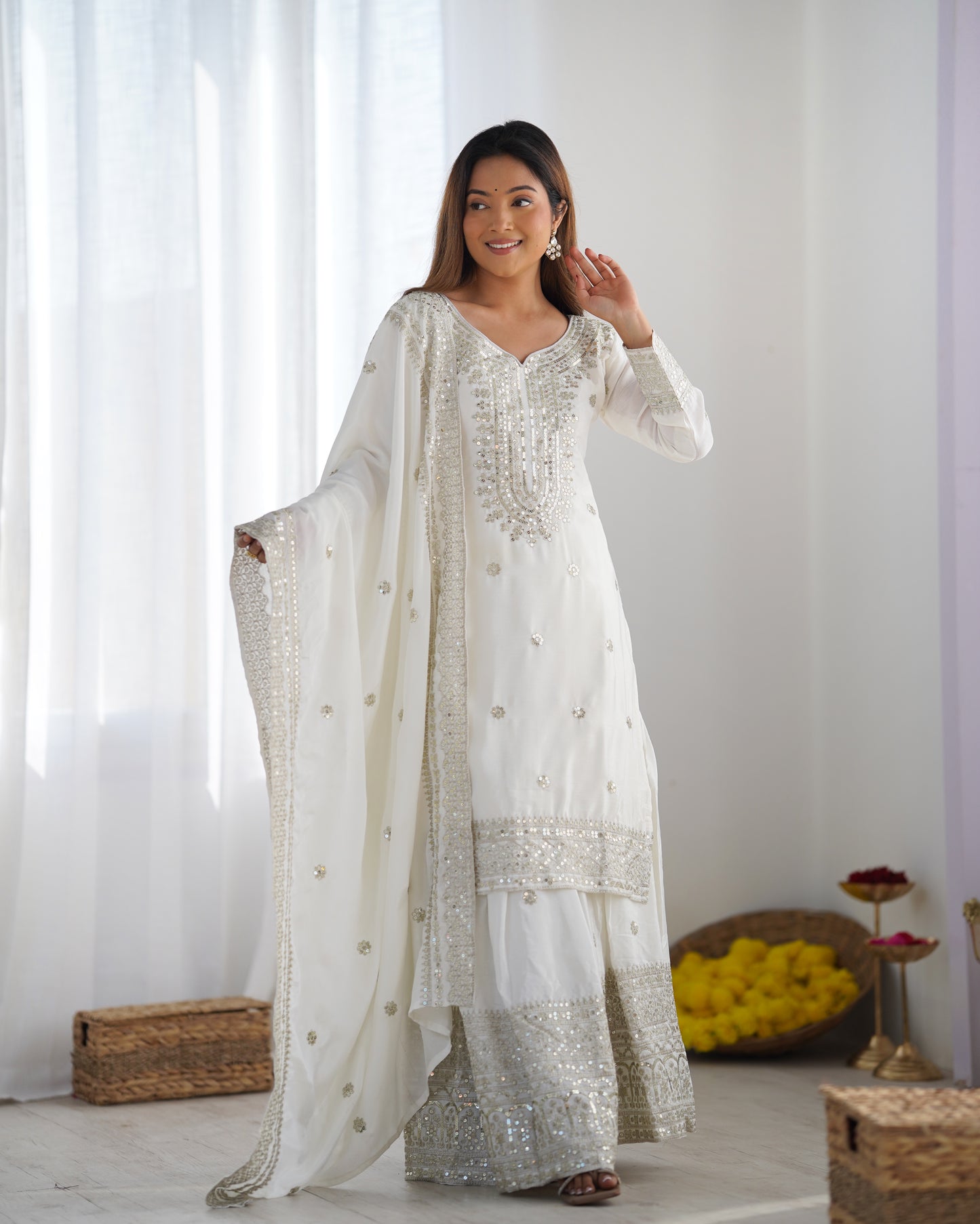 Magnificent Chinon Silk Sequins Embroidered Top Sharara Suit