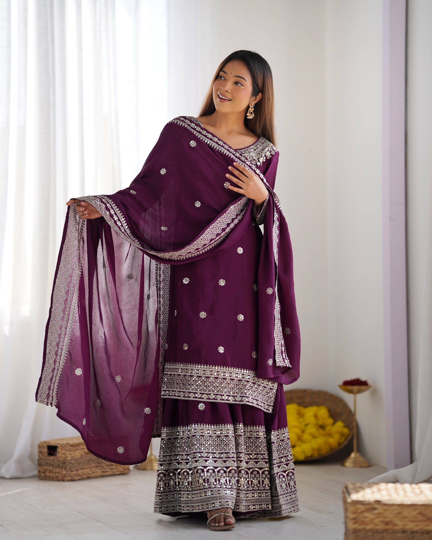 Magnificent Chinon Silk Sequins Embroidered Top Sharara Suit
