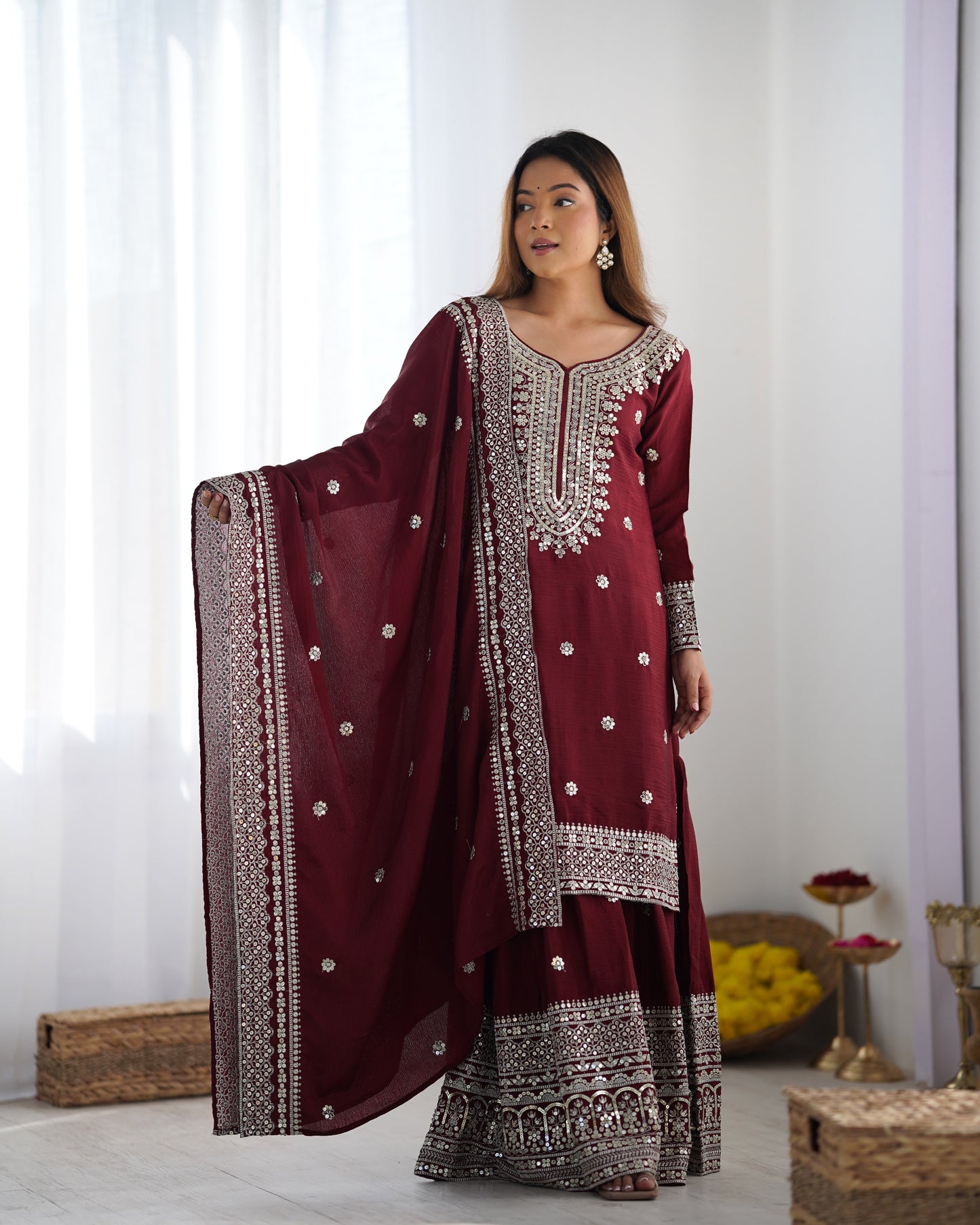 Magnificent Chinon Silk Sequins Embroidered Top Sharara Suit