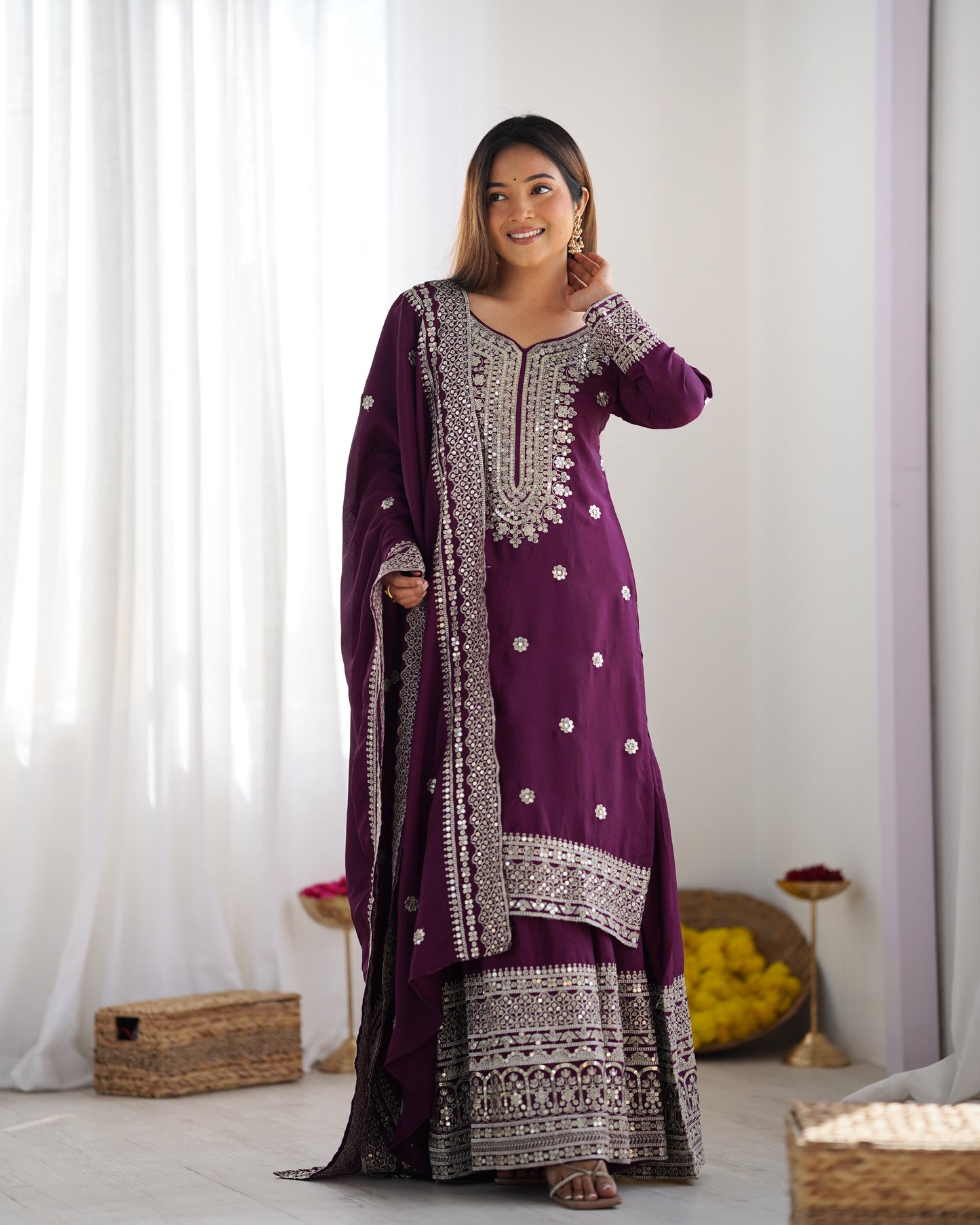 Magnificent Chinon Silk Sequins Embroidered Top Sharara Suit