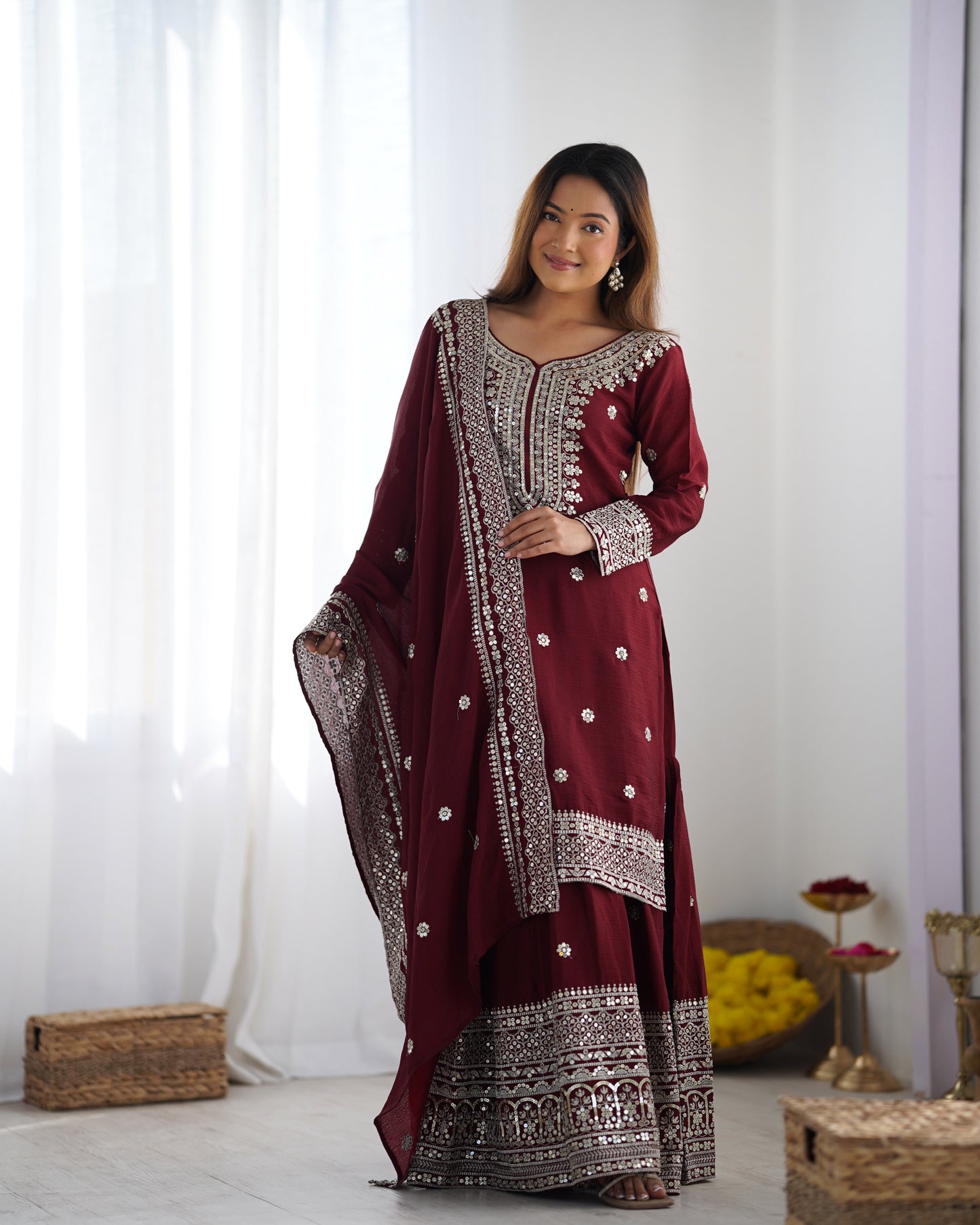 Magnificent Chinon Silk Sequins Embroidered Top Sharara Suit