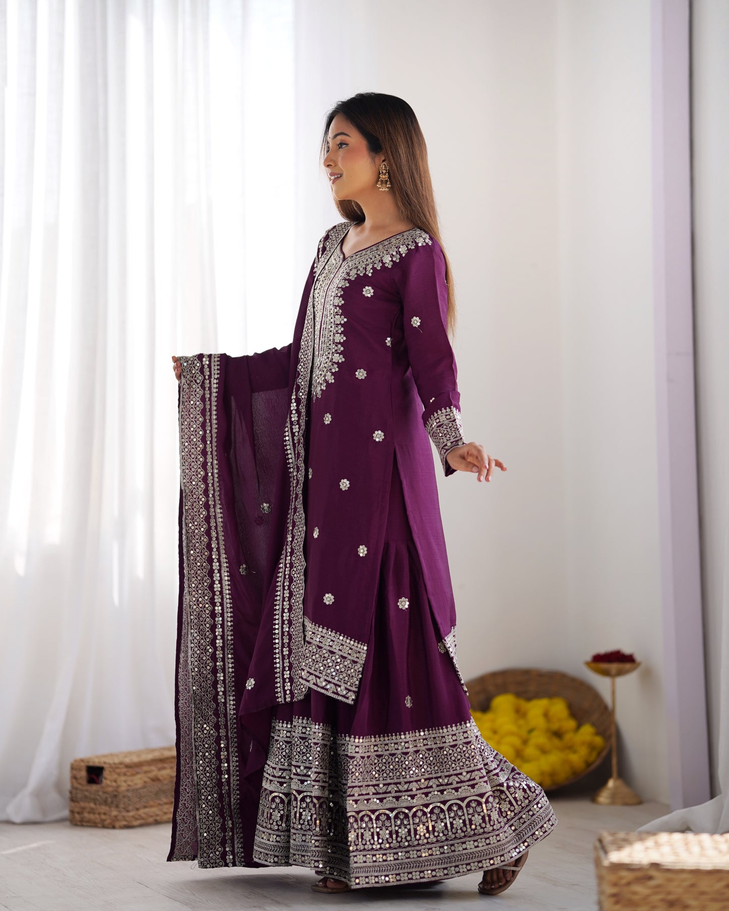 Magnificent Chinon Silk Sequins Embroidered Top Sharara Suit