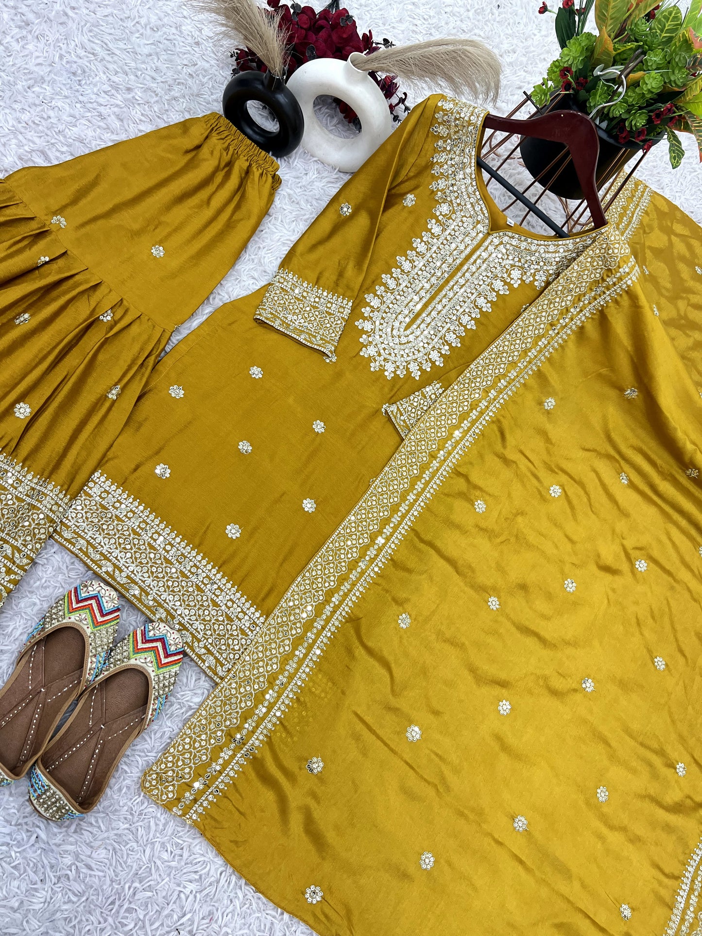 Magnificent Chinon Silk Sequins Embroidered Top Sharara Suit
