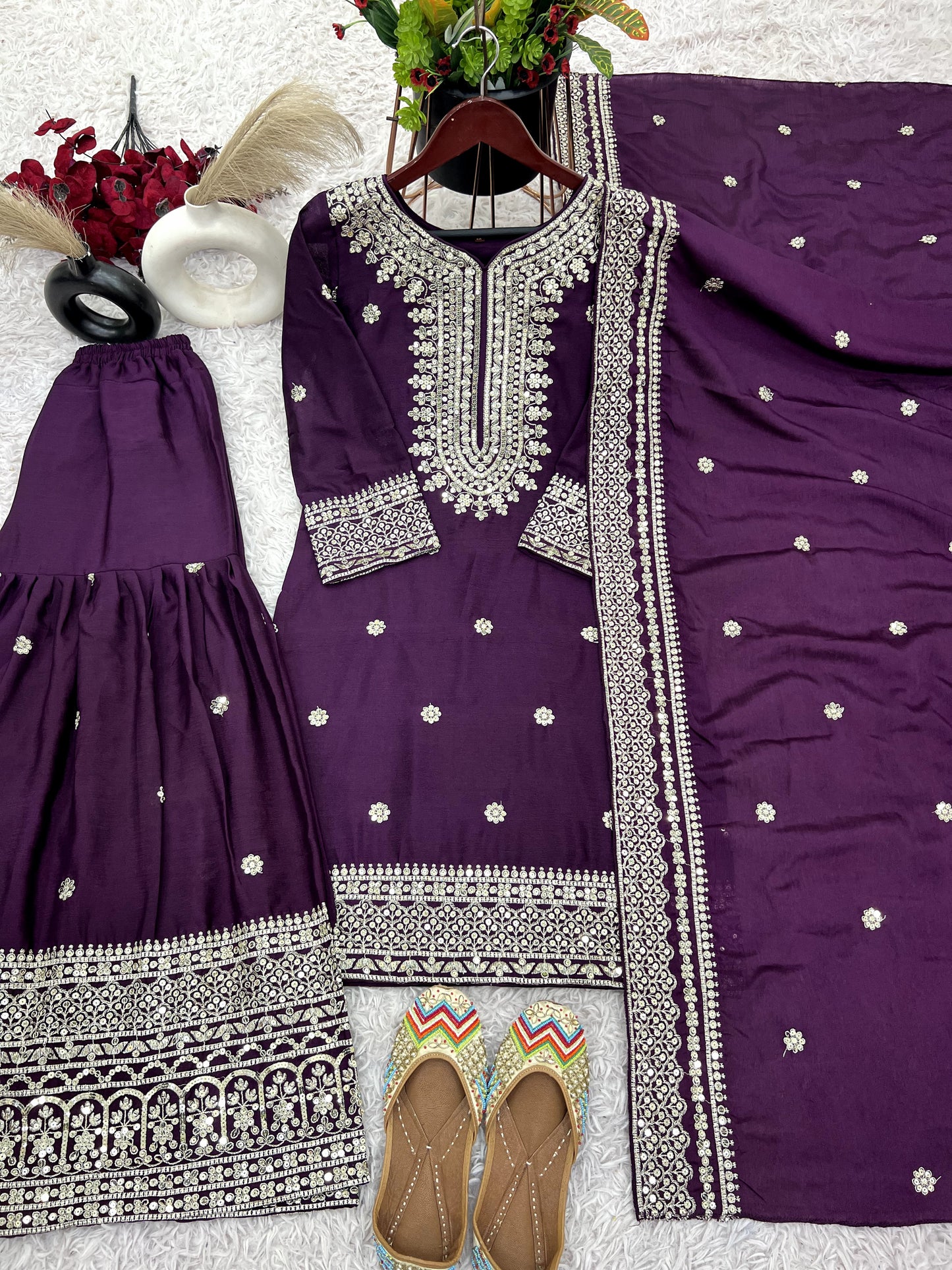 Magnificent Chinon Silk Sequins Embroidered Top Sharara Suit