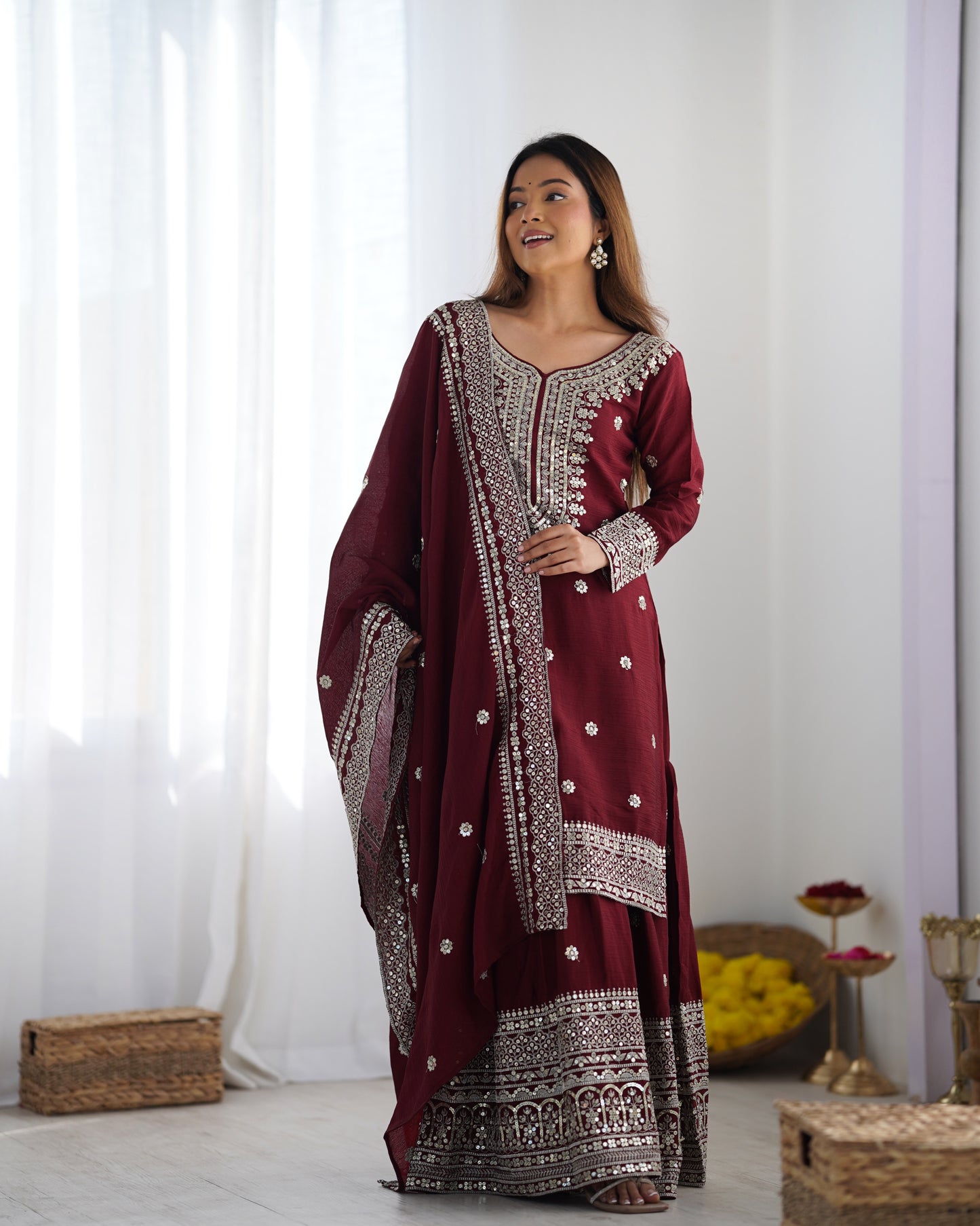 Magnificent Chinon Silk Sequins Embroidered Top Sharara Suit