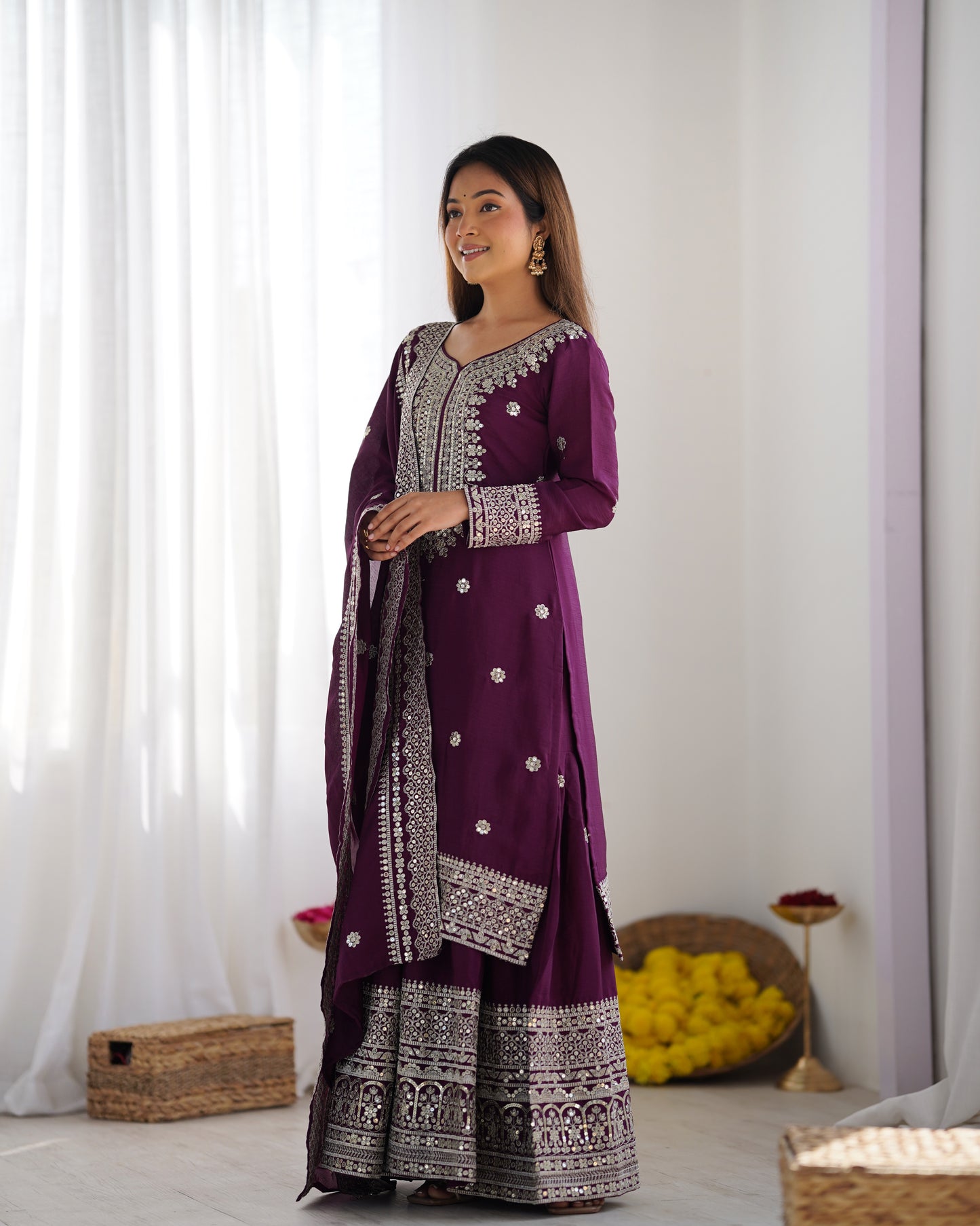 Magnificent Chinon Silk Sequins Embroidered Top Sharara Suit