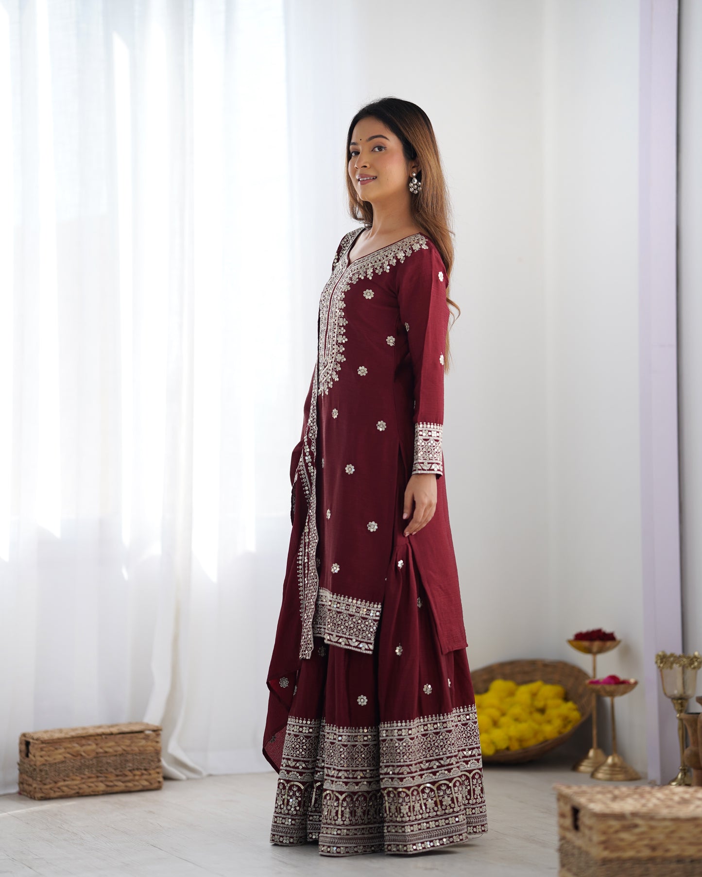 Magnificent Chinon Silk Sequins Embroidered Top Sharara Suit